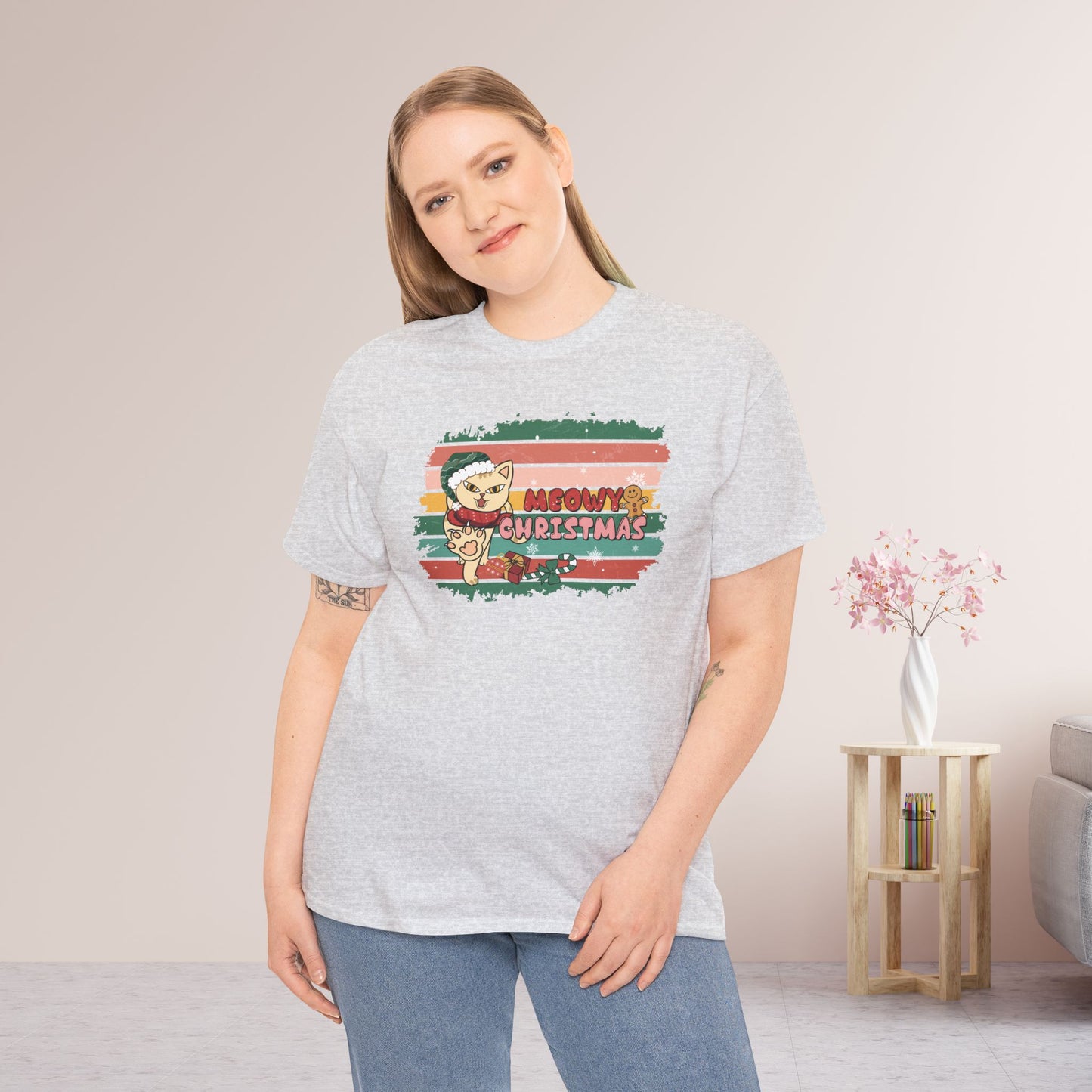 Meowy Christmas Funny Cat Christmas Heavy Cotton Tee - Cat Lovers Christmas Gift