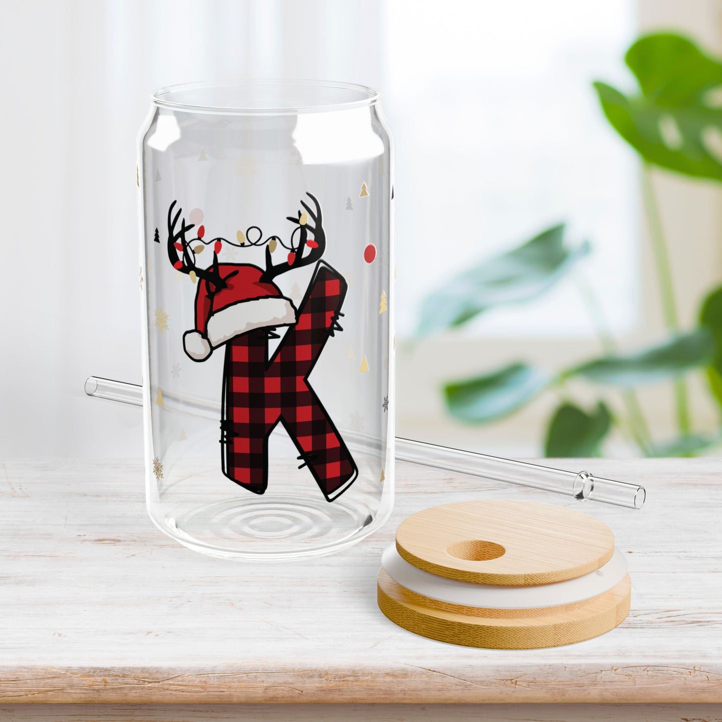 Personalized Christmas Plaid Monogrammed Sipper Glass - Custom Christmas Initial Gifts