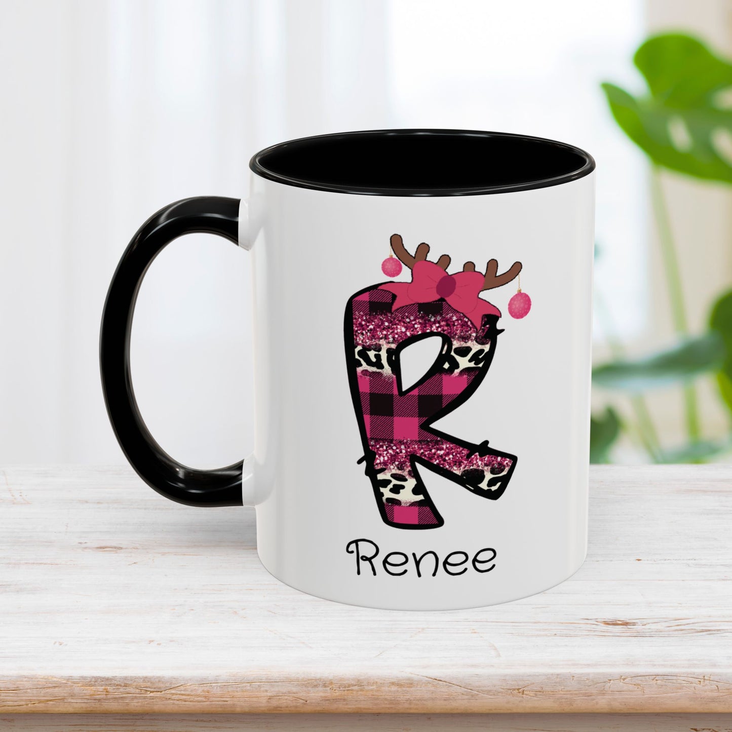 Custom Name Pink Christmas Plaid Initial Letter Mug - Personalized Christmas Gifts A-Z