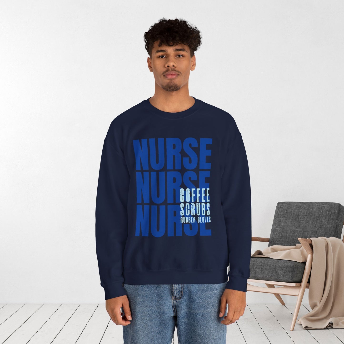 Blue Nurse Sweatshirt - Coffee Scrubs Rubber Gloves Crewneck