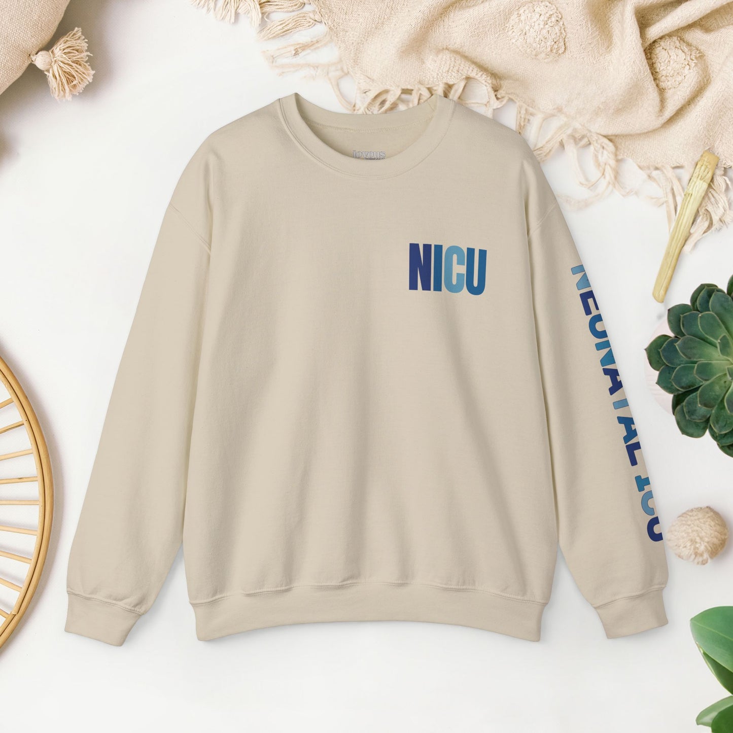 Trendy Blue NICU Sweatshirt with Sleeve Print - Neonatal ICU Crewneck