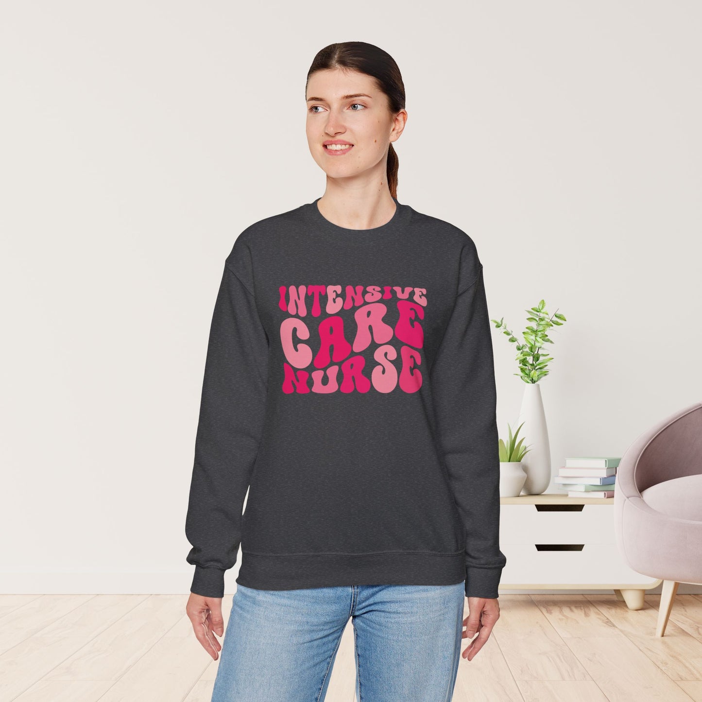 Groovy Pink ICU Nurse Crewneck Sweatshirt