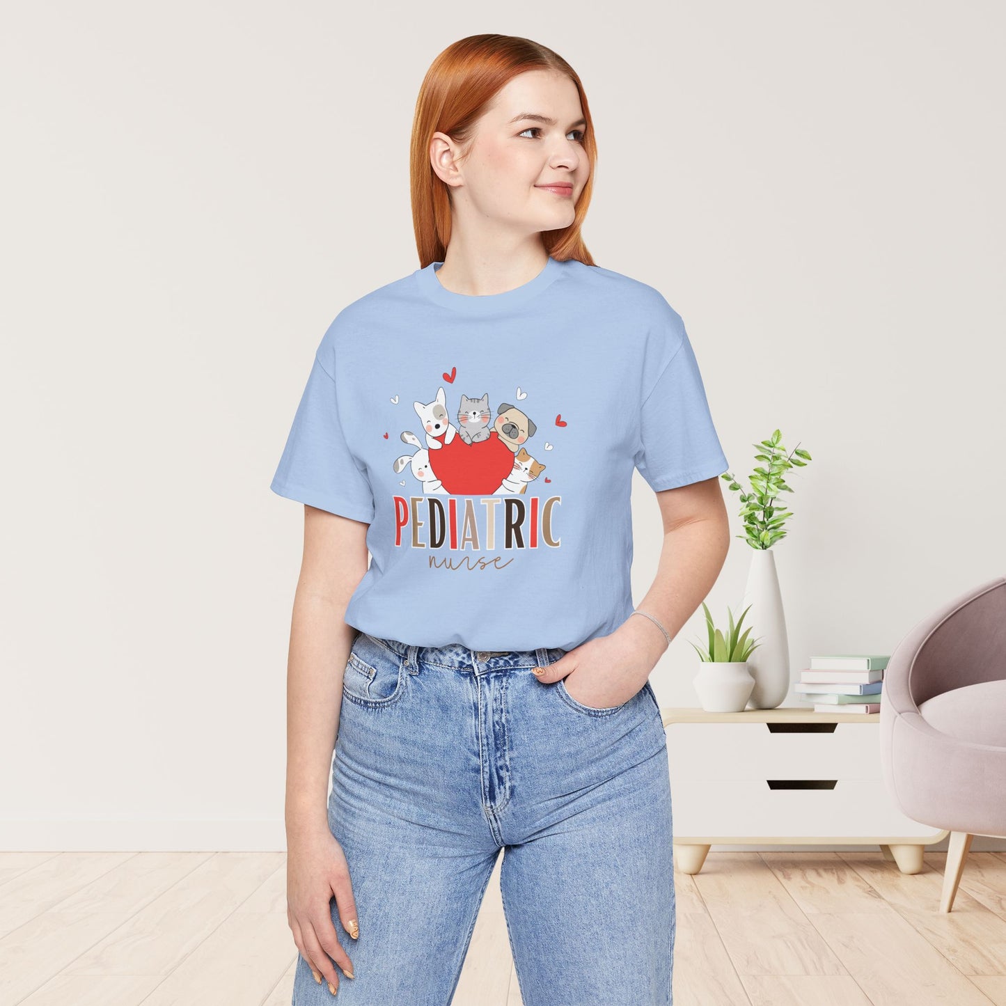 Pediatric Nurse Soft Cotton Tee with Cute Dogs and Cats for PEDS Nurse