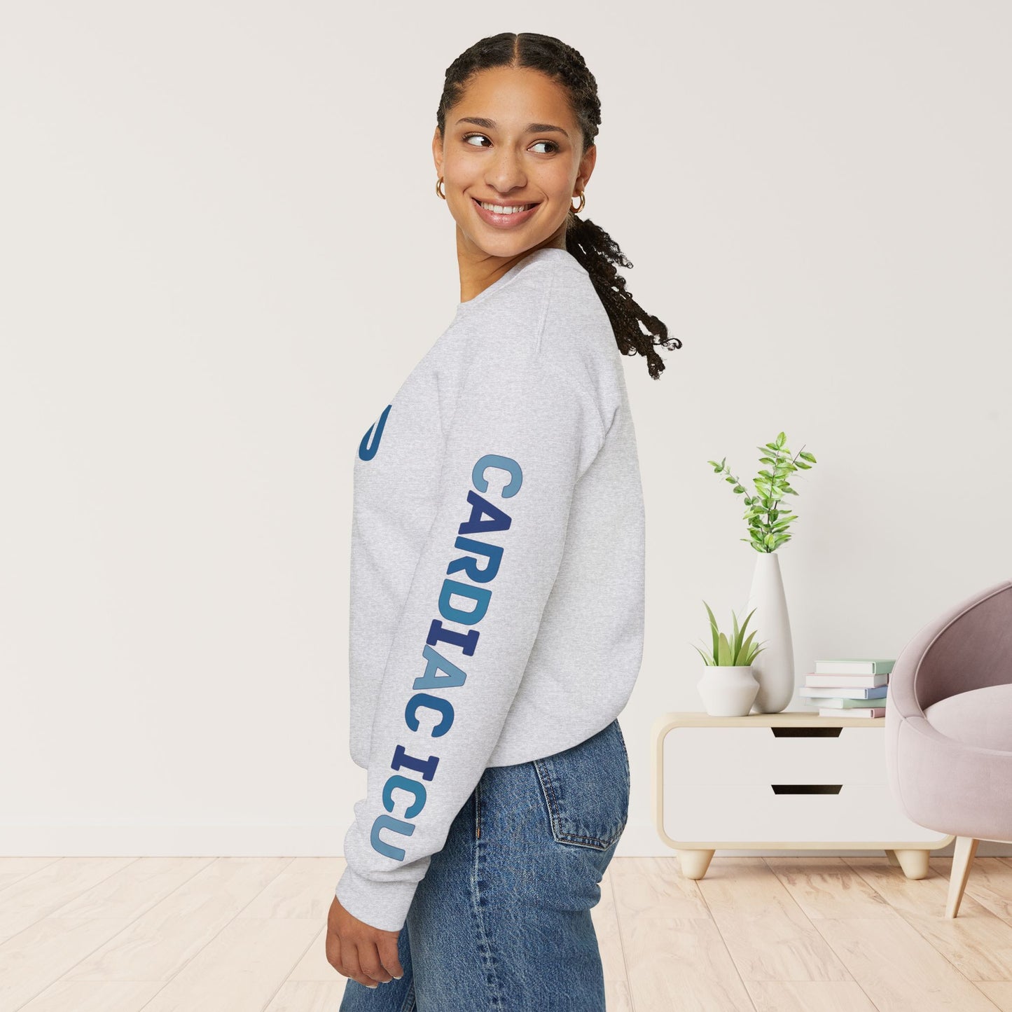 Trendy Blue CICU Sweatshirt with Sleeve Print - Cardiac ICU Crewneck