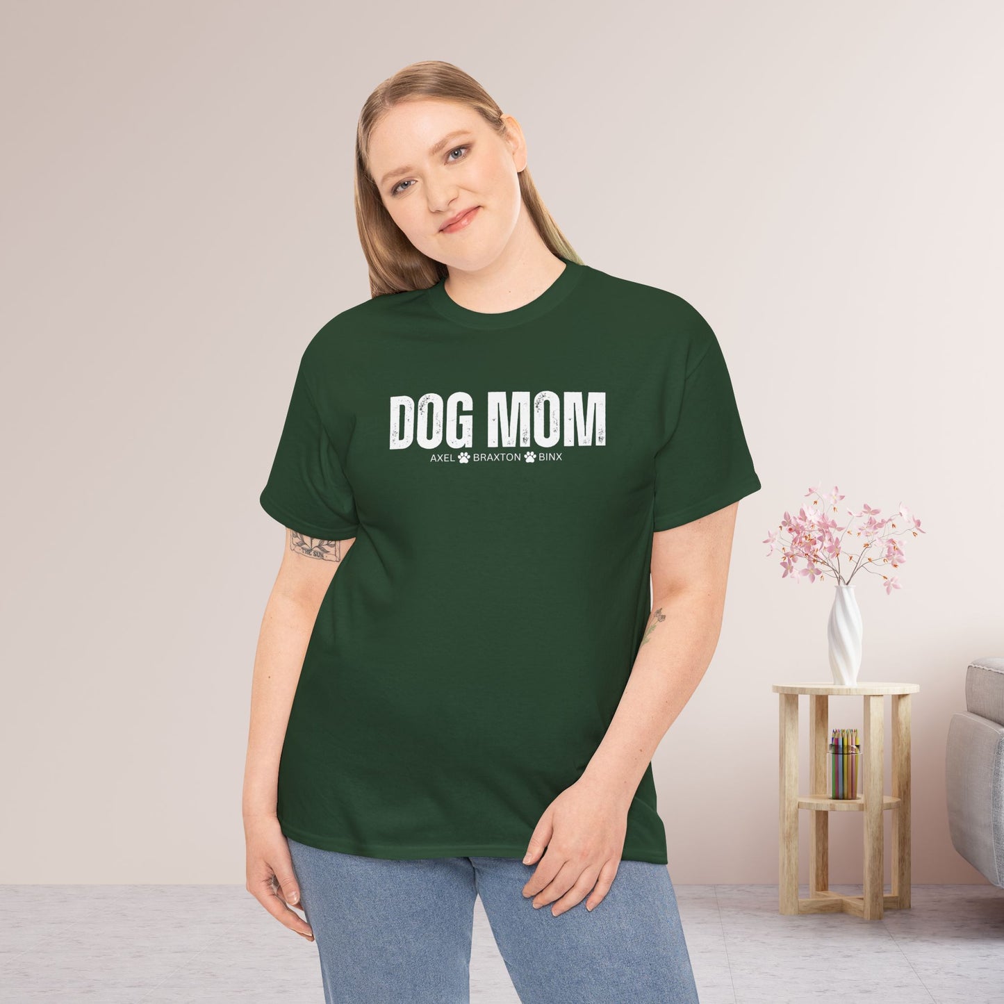 Custom Dog Mom Heavy Cotton Tee with Dogs Name - Personalized Dog Lover Gift