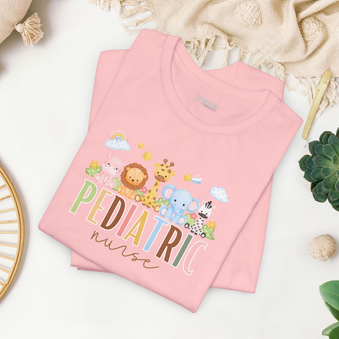 Cute Pediatric Nurse Soft Cotton Tee with Safari Animals for PEDS Nurse
