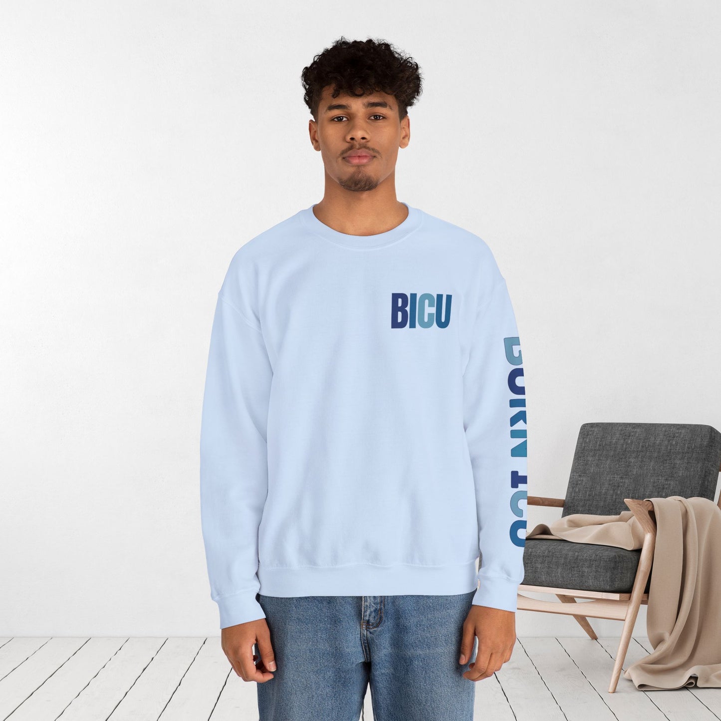 Trendy Blue BICU Sweatshirt with Sleeve Print - Burn ICU Crewneck