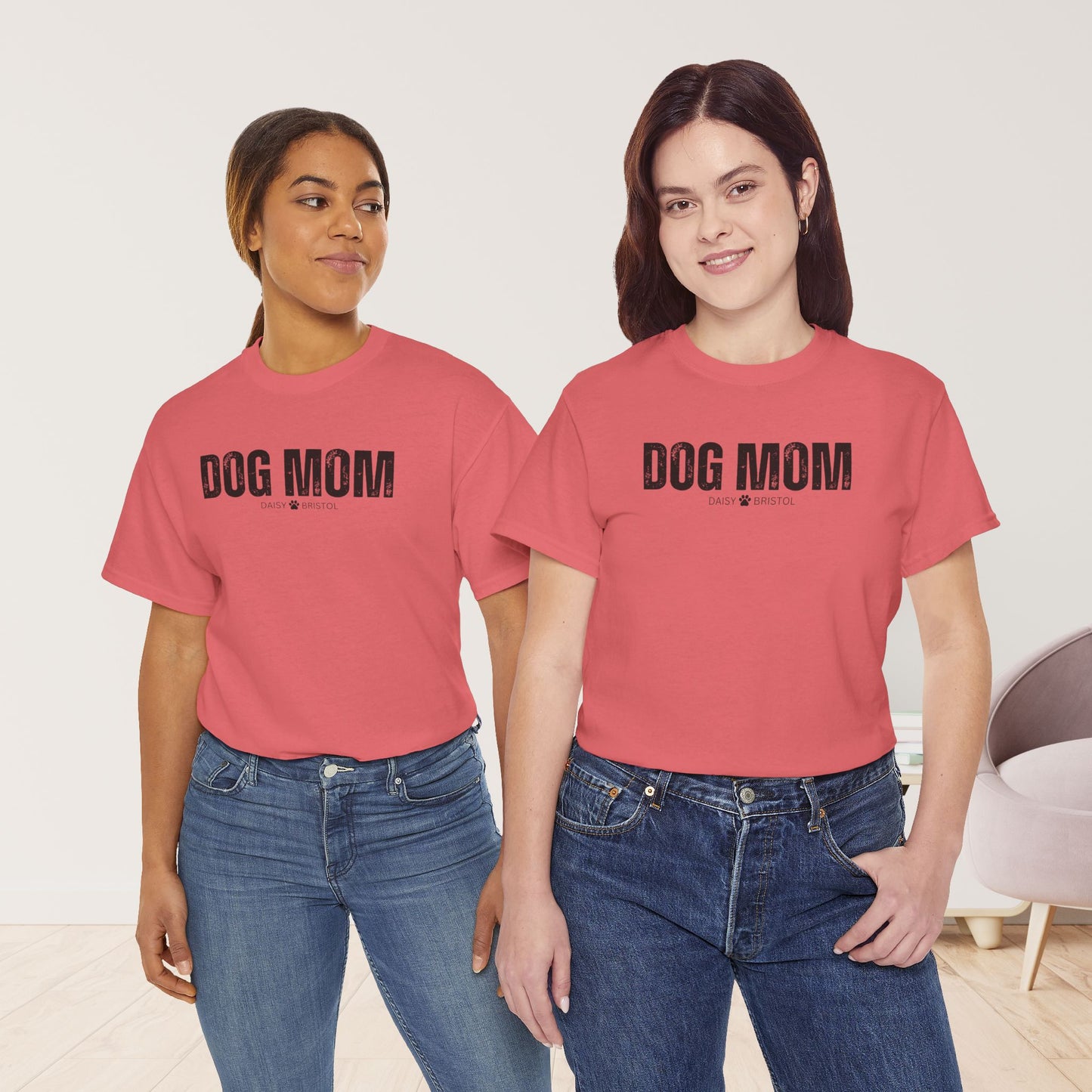 Custom Dog Mom Heavy Cotton Tee with Dogs Name - Personalized Dog Lover Gift