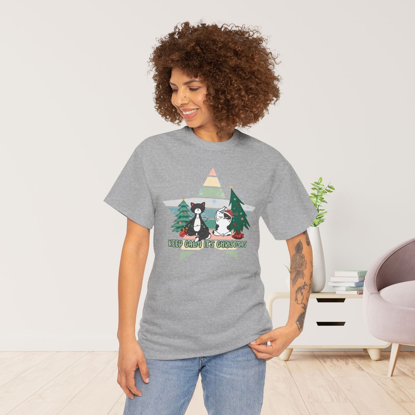 Keep Calm It's Christmas Funny Cat Christmas Heavy Cotton Tee - Cat Lovers Christmas Gift