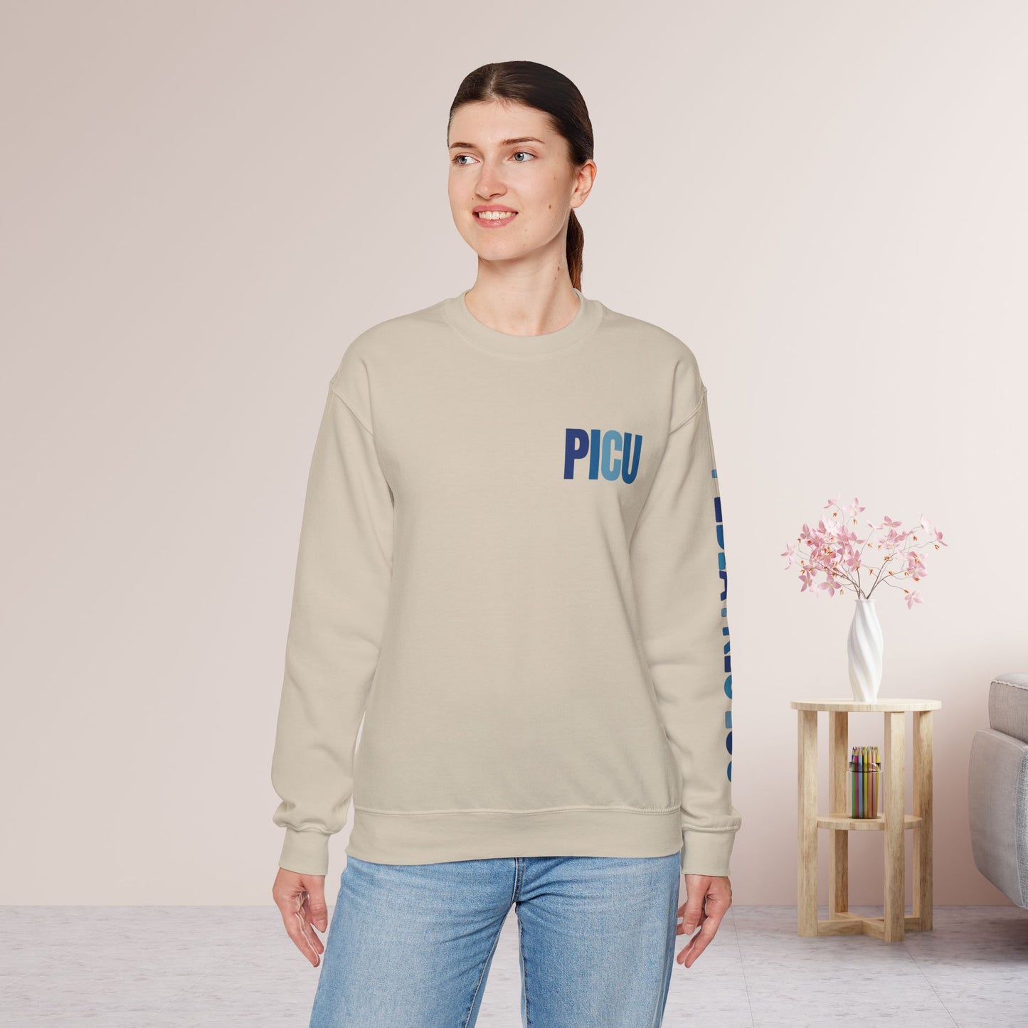 Trendy Blue PICU Sweatshirt with Sleeve Print - Pediatric ICU Crewneck