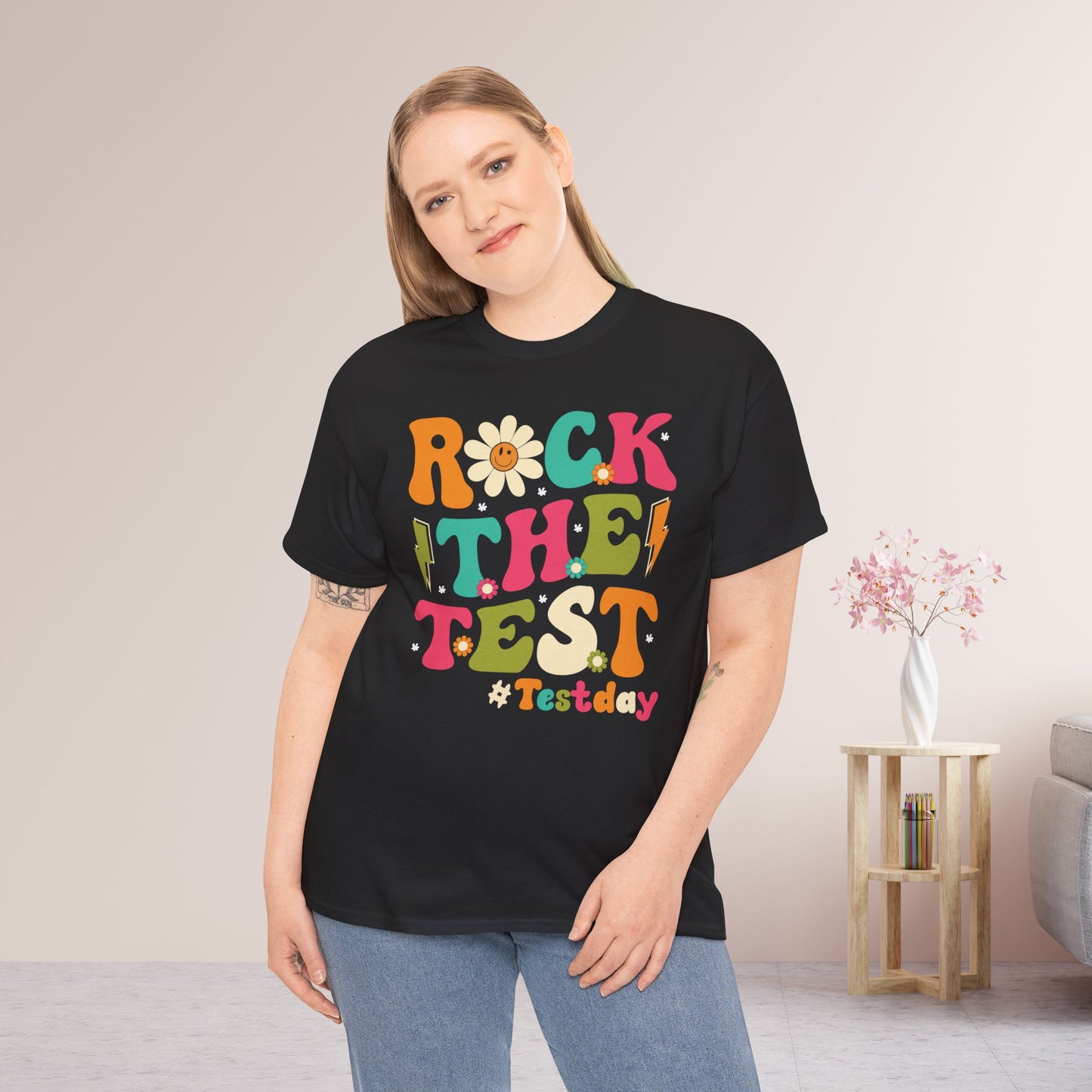 Rock The Test Groovy Teacher Shirt - Back to School Heavy Cotton Tee