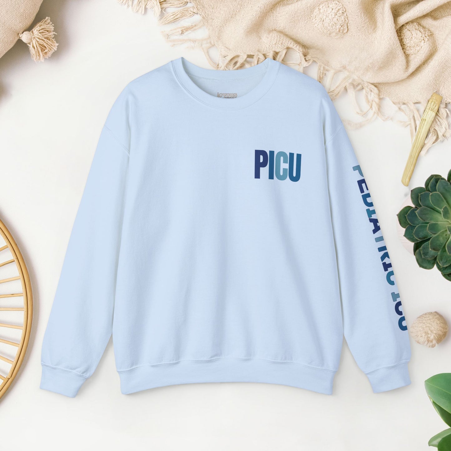 Trendy Blue PICU Sweatshirt with Sleeve Print - Pediatric ICU Crewneck