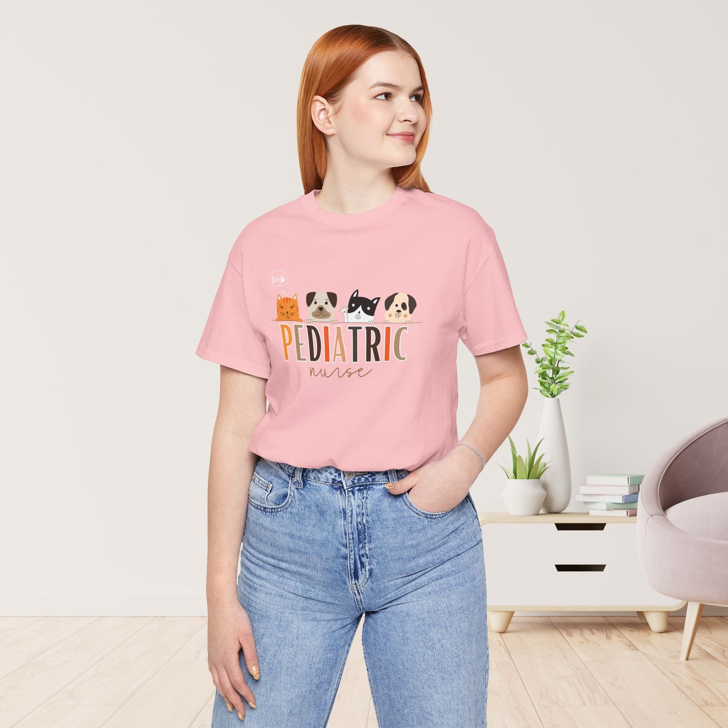 Cute Pediatric Nurse Soft Cotton Tee with Dogs and Cats for PEDS Nurse