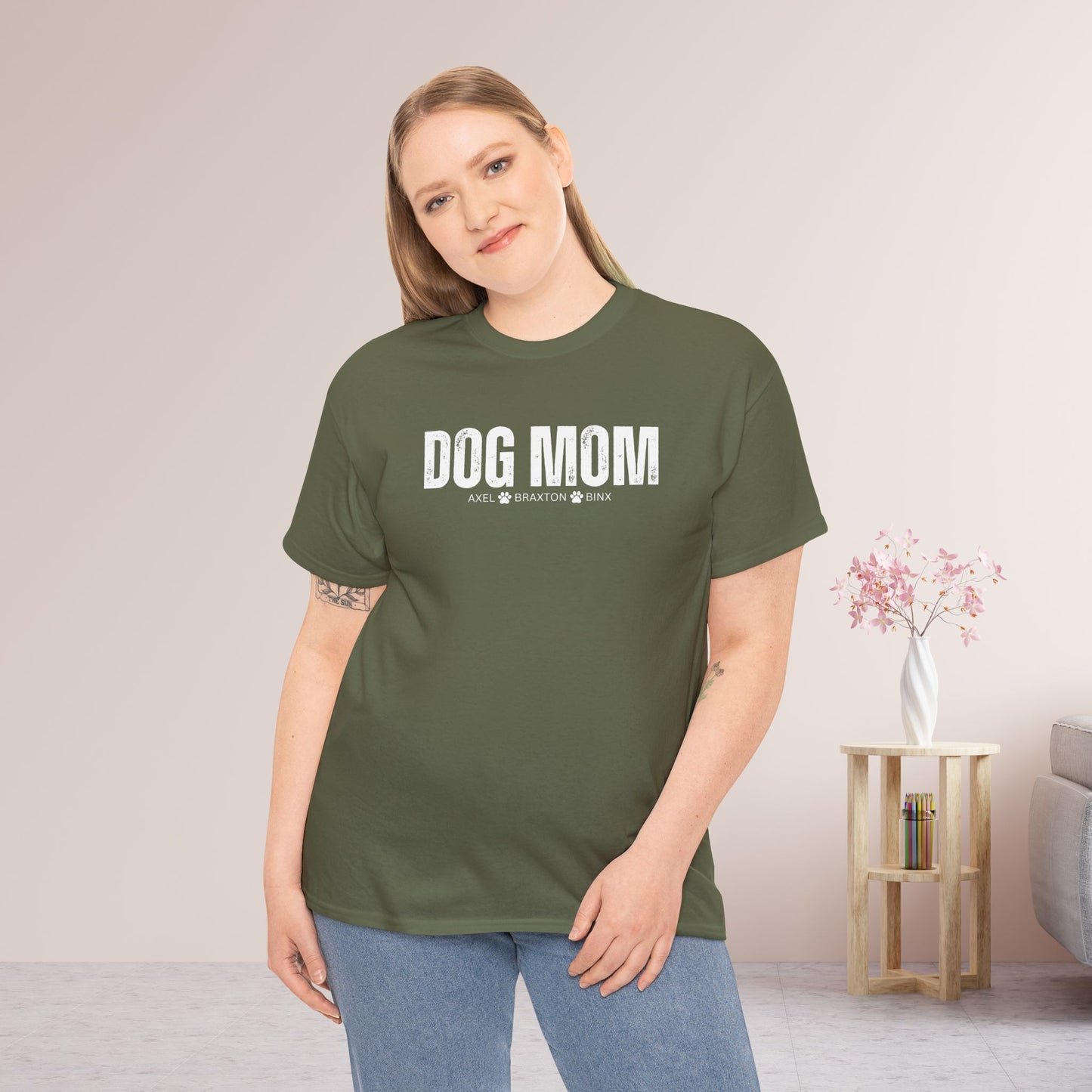Custom Dog Mom Heavy Cotton Tee with Dogs Name - Personalized Dog Lover Gift