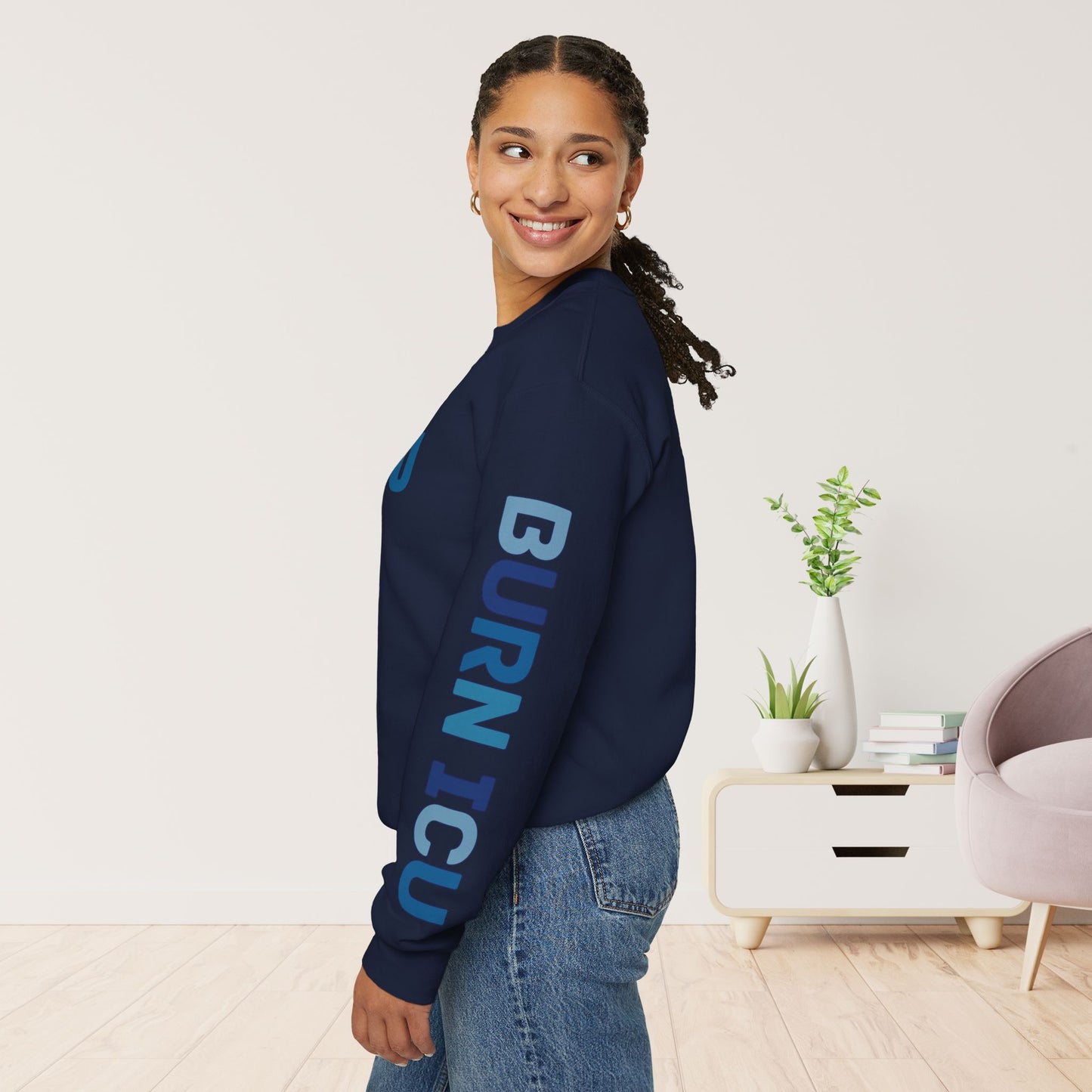 Trendy Blue BICU Sweatshirt with Sleeve Print - Burn ICU Crewneck