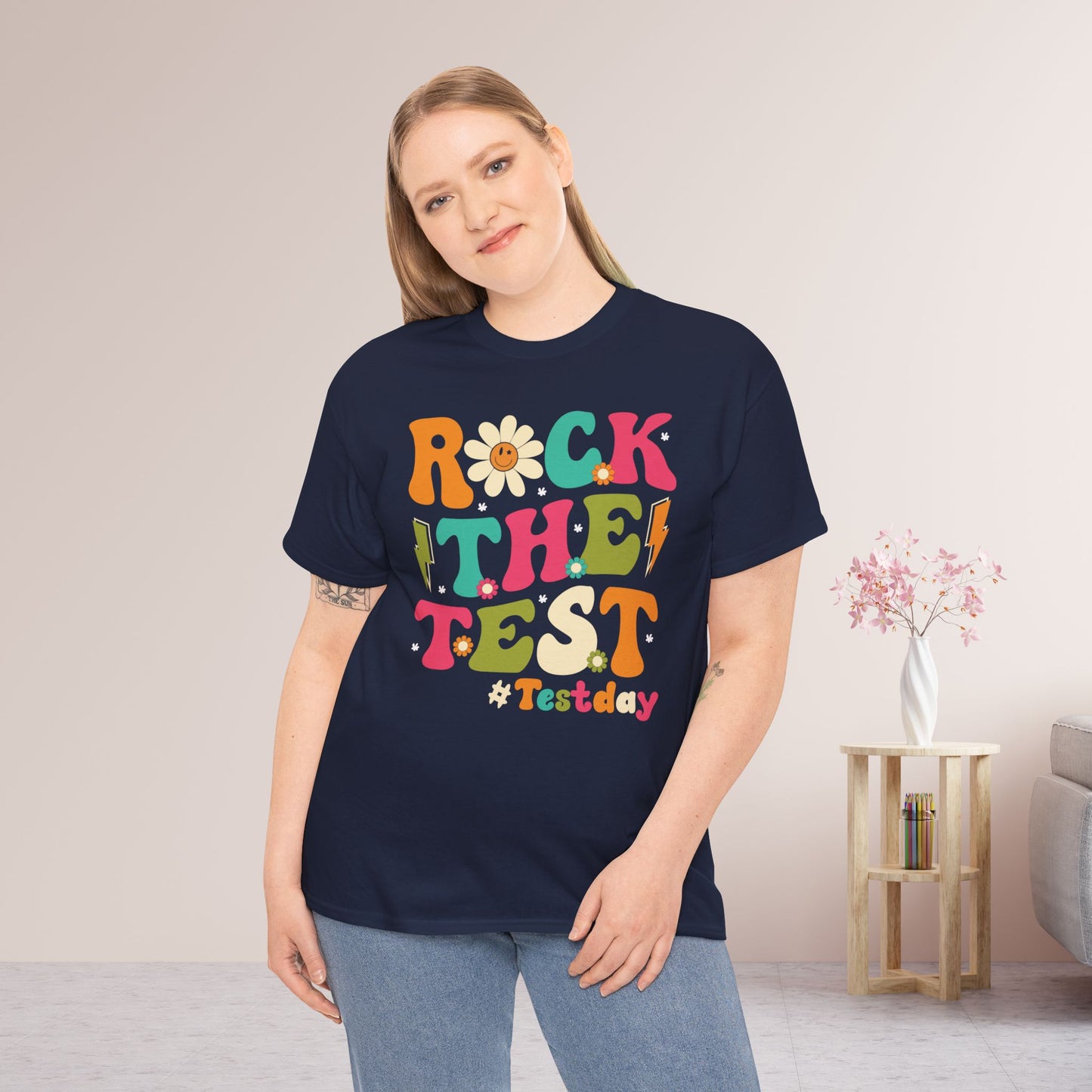 Rock The Test Groovy Teacher Shirt - Back to School Heavy Cotton Tee