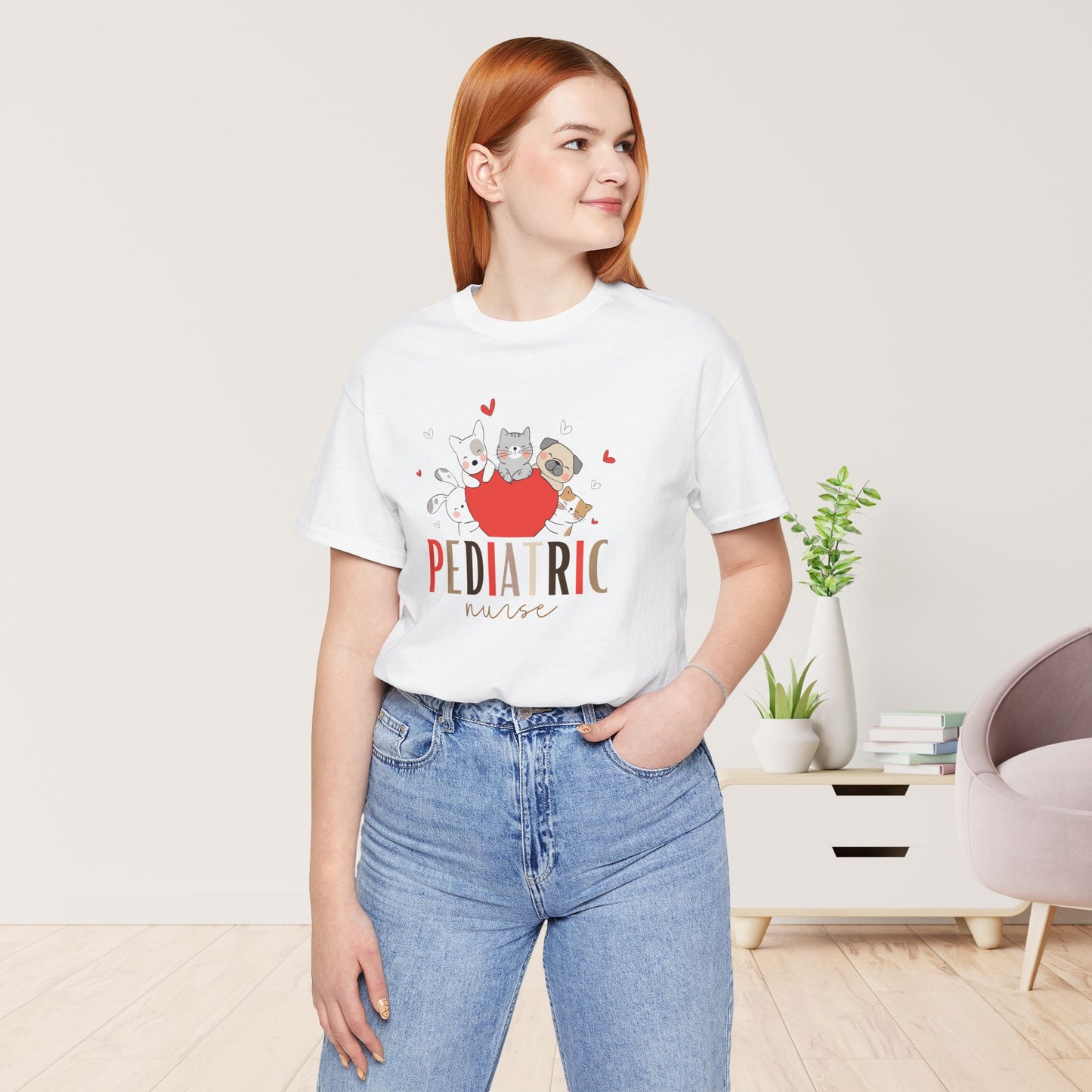 Pediatric Nurse Soft Cotton Tee with Cute Dogs and Cats for PEDS Nurse