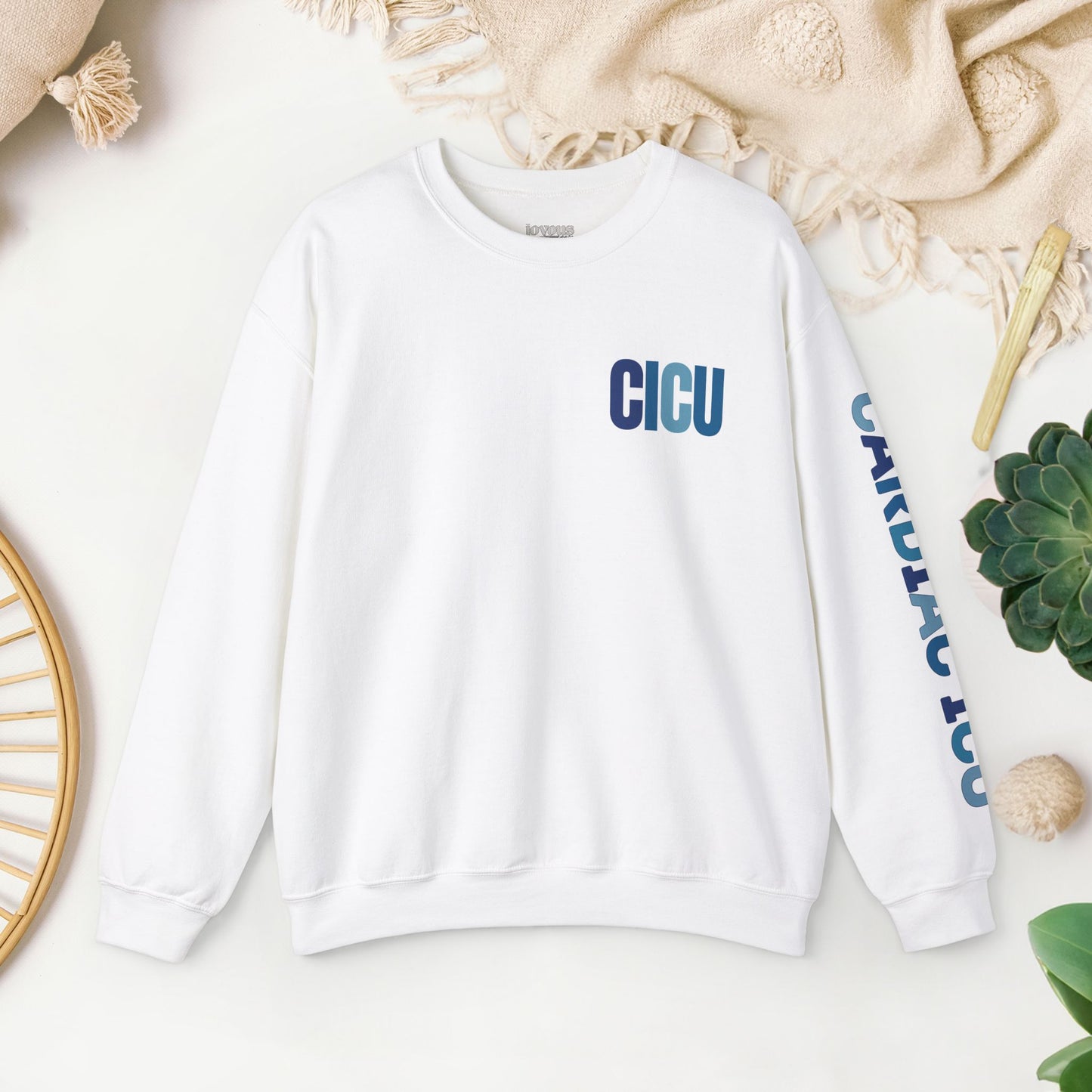 Trendy Blue CICU Sweatshirt with Sleeve Print - Cardiac ICU Crewneck