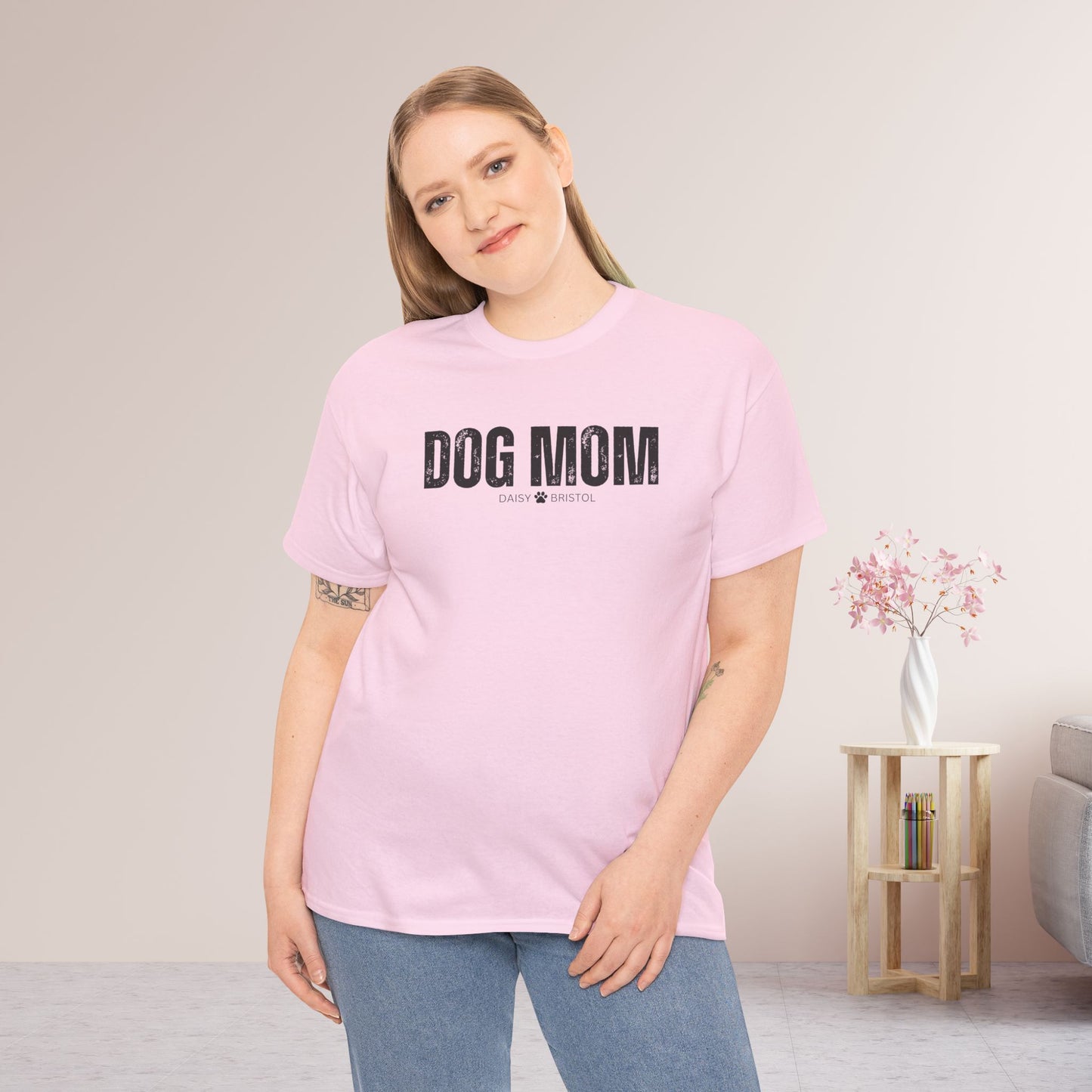 Custom Dog Mom Heavy Cotton Tee with Dogs Name - Personalized Dog Lover Gift