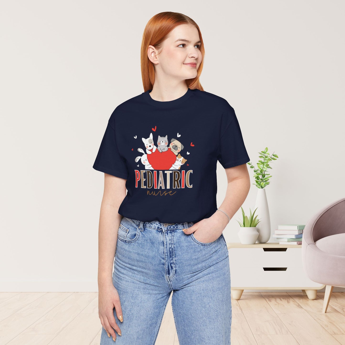 Pediatric Nurse Soft Cotton Tee with Cute Dogs and Cats for PEDS Nurse