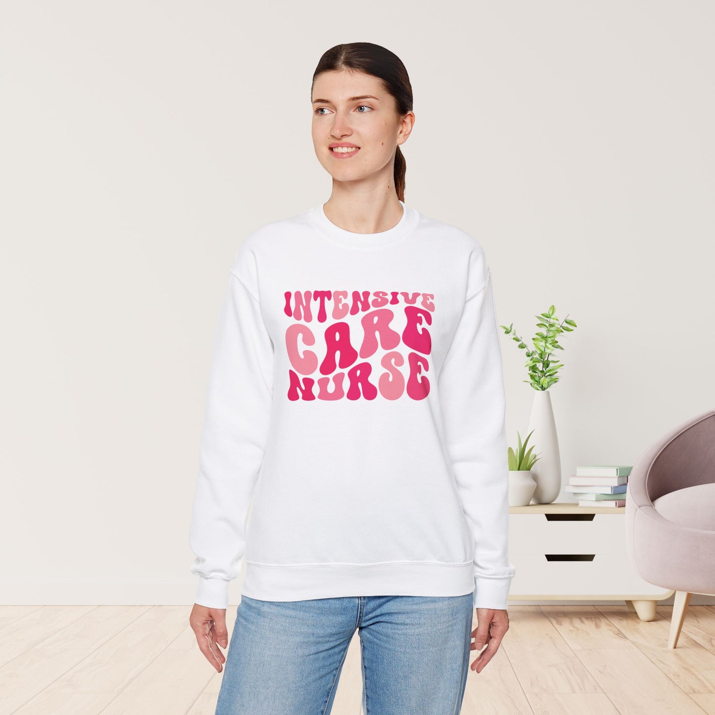 Groovy Pink ICU Nurse Crewneck Sweatshirt
