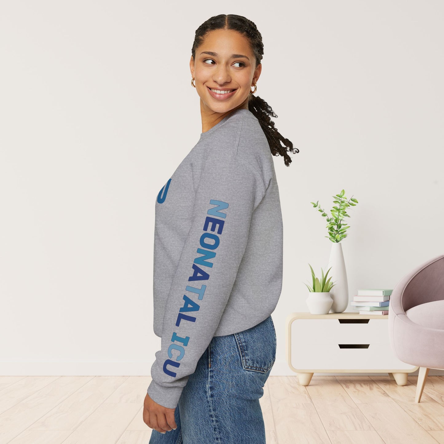 Trendy Blue NICU Sweatshirt with Sleeve Print - Neonatal ICU Crewneck