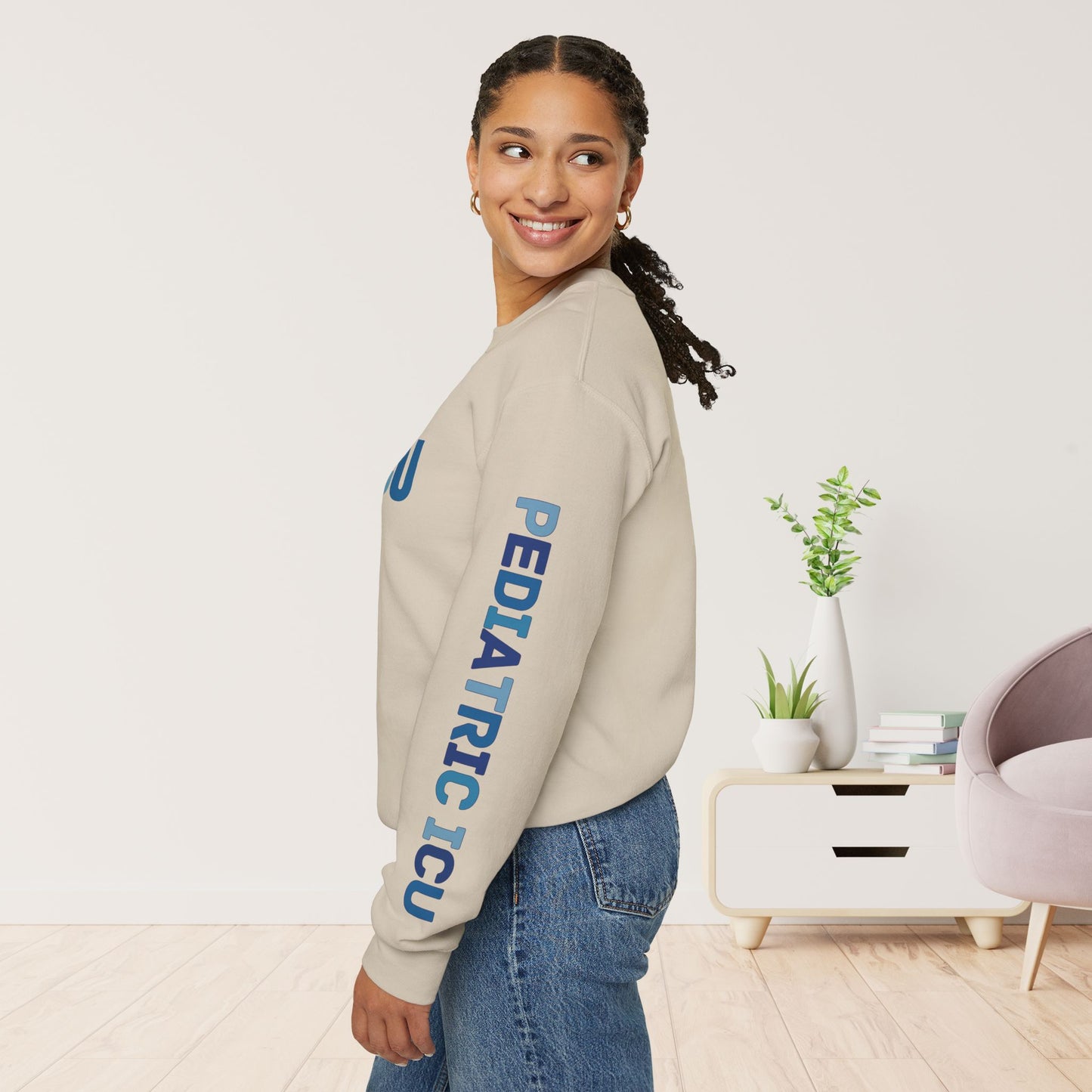Trendy Blue PICU Sweatshirt with Sleeve Print - Pediatric ICU Crewneck