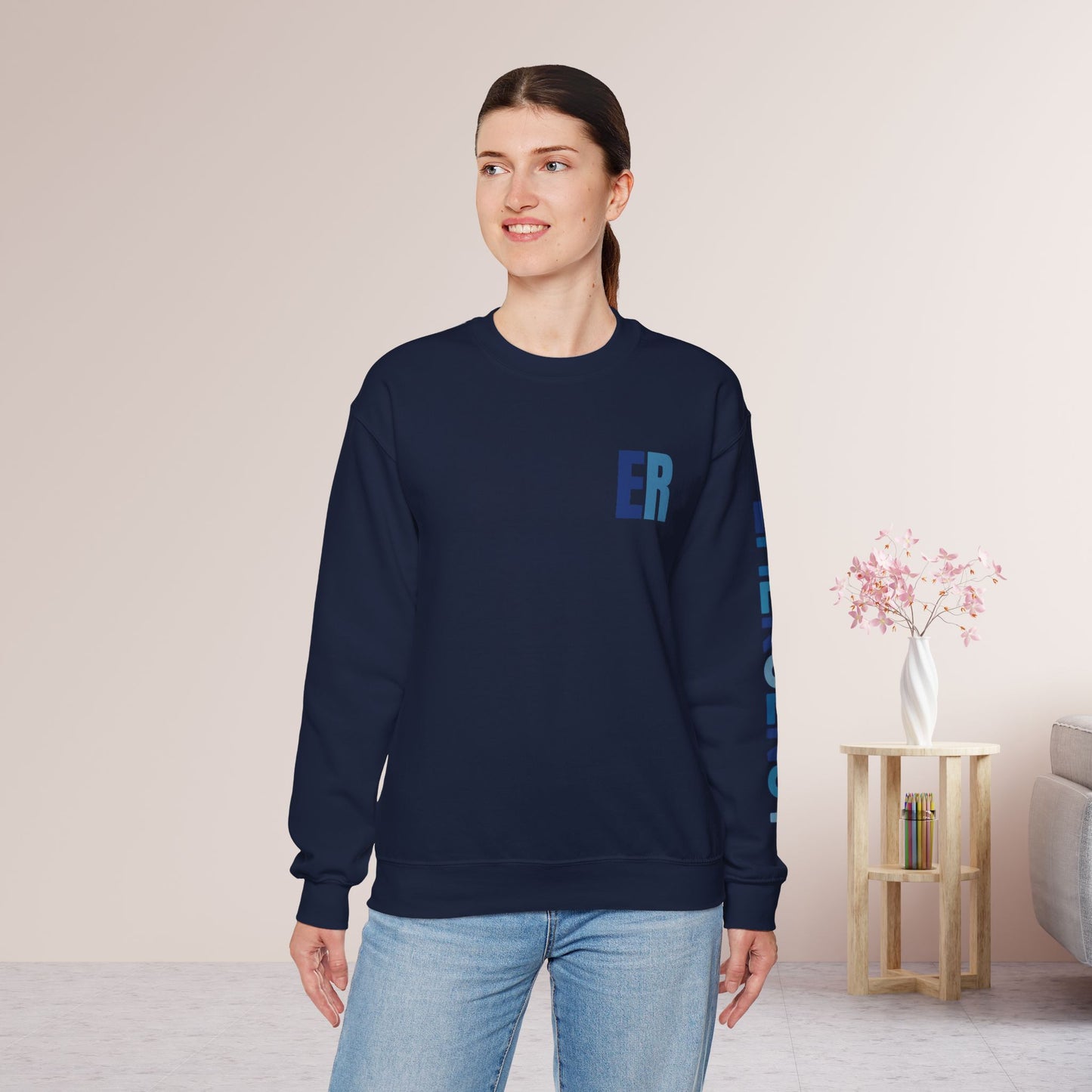 Trendy Blue ER Sweatshirt with Sleeve Print - Emergency Room Crewneck