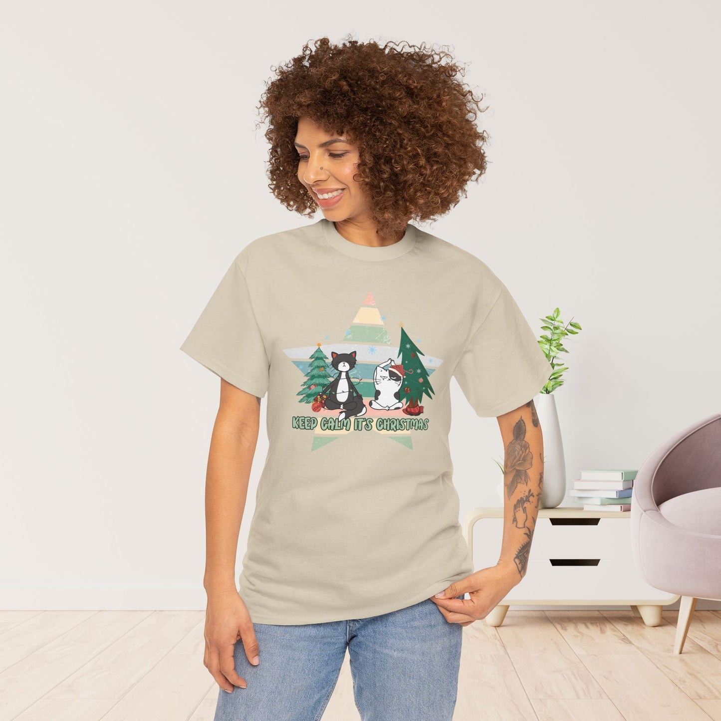 Keep Calm It's Christmas Funny Cat Christmas Heavy Cotton Tee - Cat Lovers Christmas Gift