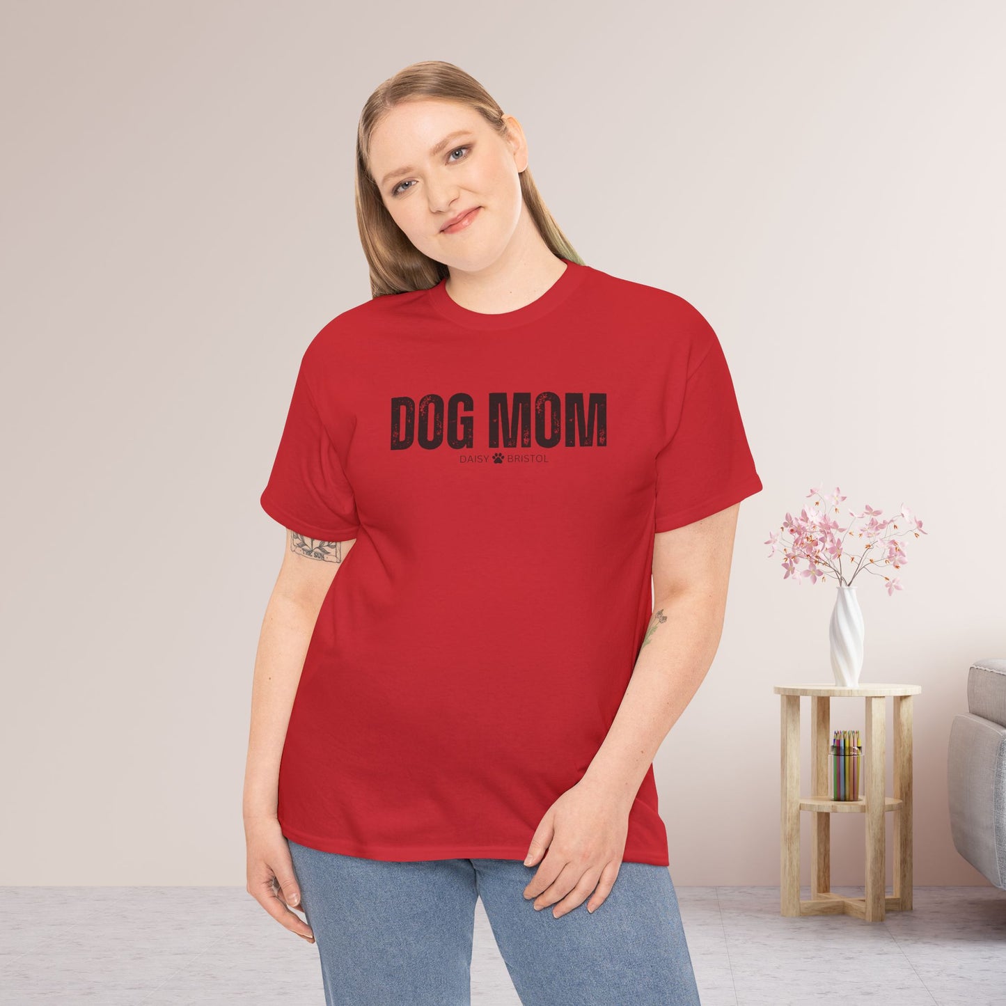 Custom Dog Mom Heavy Cotton Tee with Dogs Name - Personalized Dog Lover Gift
