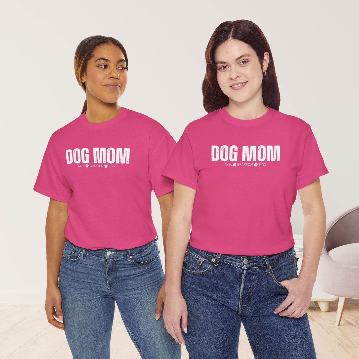 Custom Dog Mom Heavy Cotton Tee with Dogs Name - Personalized Dog Lover Gift