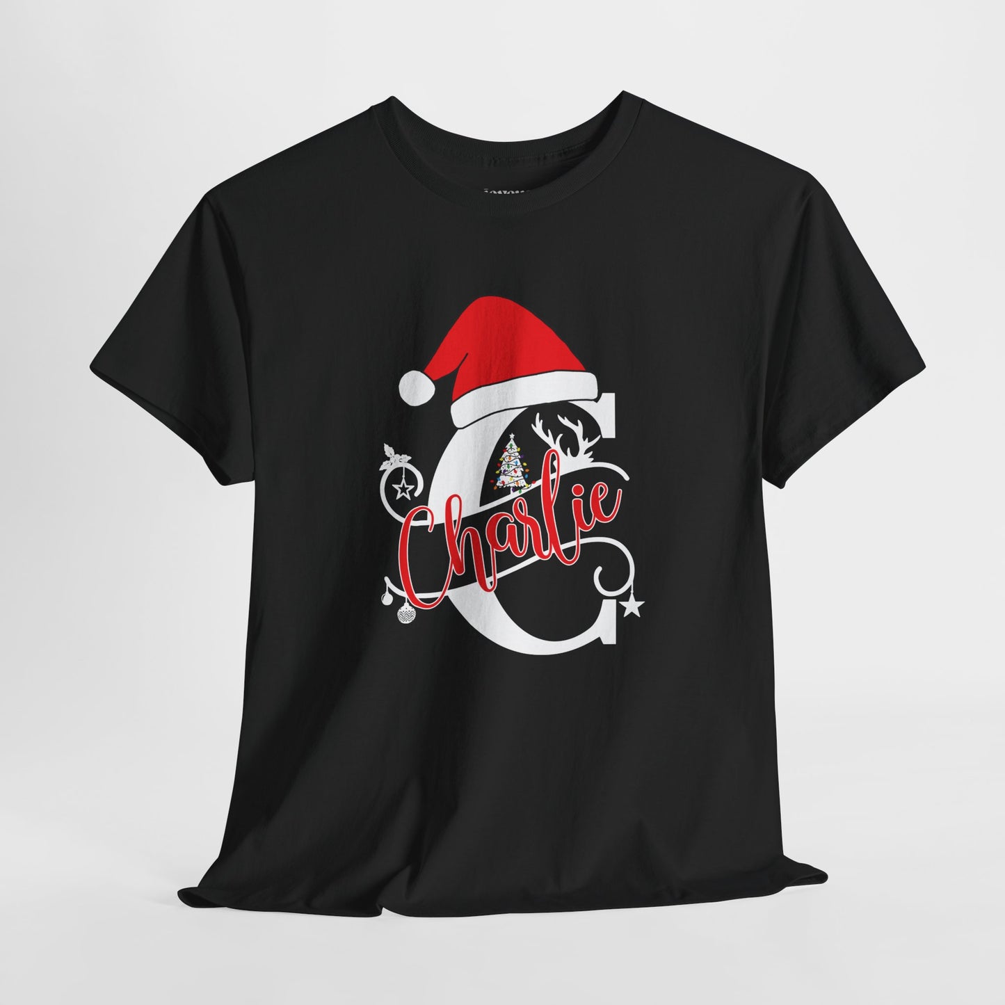 Personalized Christmas Monogram Heavy Cotton Tee with First Name - Custom Christmas Gifts