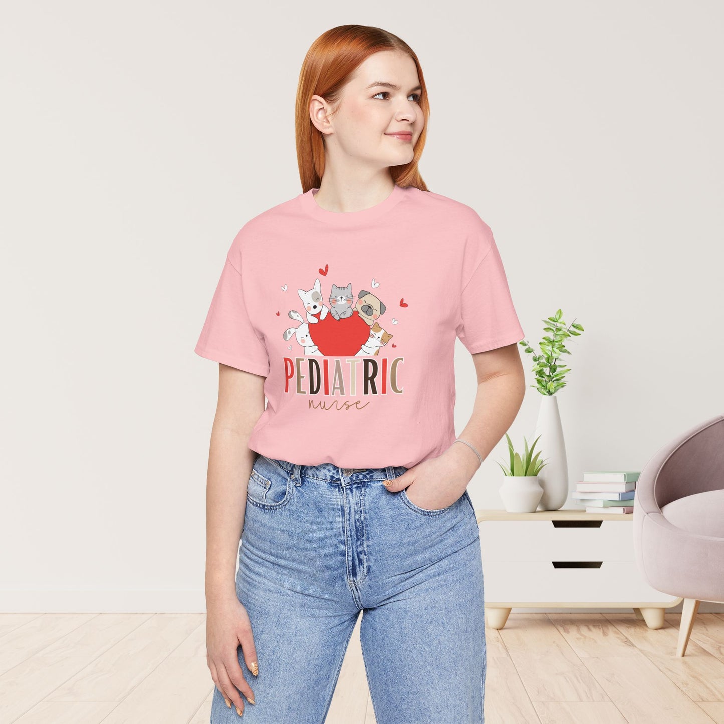 Pediatric Nurse Soft Cotton Tee with Cute Dogs and Cats for PEDS Nurse