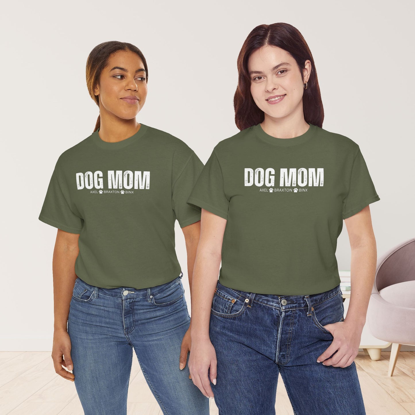 Custom Dog Mom Heavy Cotton Tee with Dogs Name - Personalized Dog Lover Gift