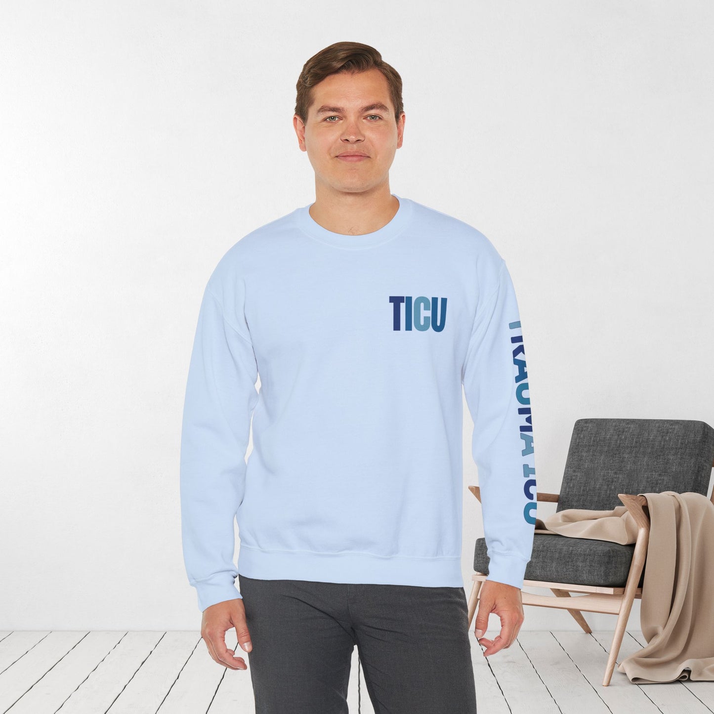 Trendy Blue TICU Sweatshirt with Sleeve Print - Trauma ICU Crewneck