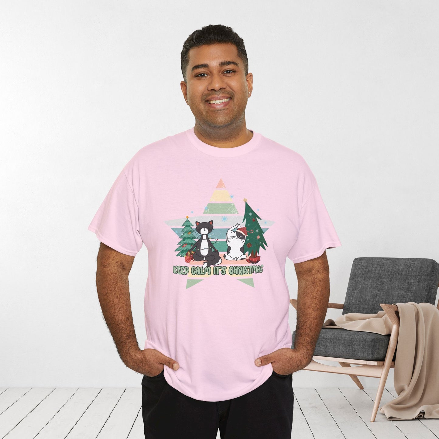 Keep Calm It's Christmas Funny Cat Christmas Heavy Cotton Tee - Cat Lovers Christmas Gift