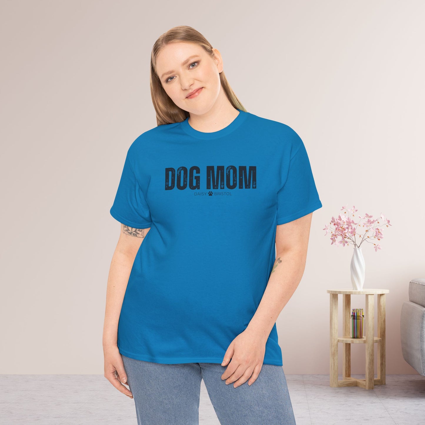 Custom Dog Mom Heavy Cotton Tee with Dogs Name - Personalized Dog Lover Gift