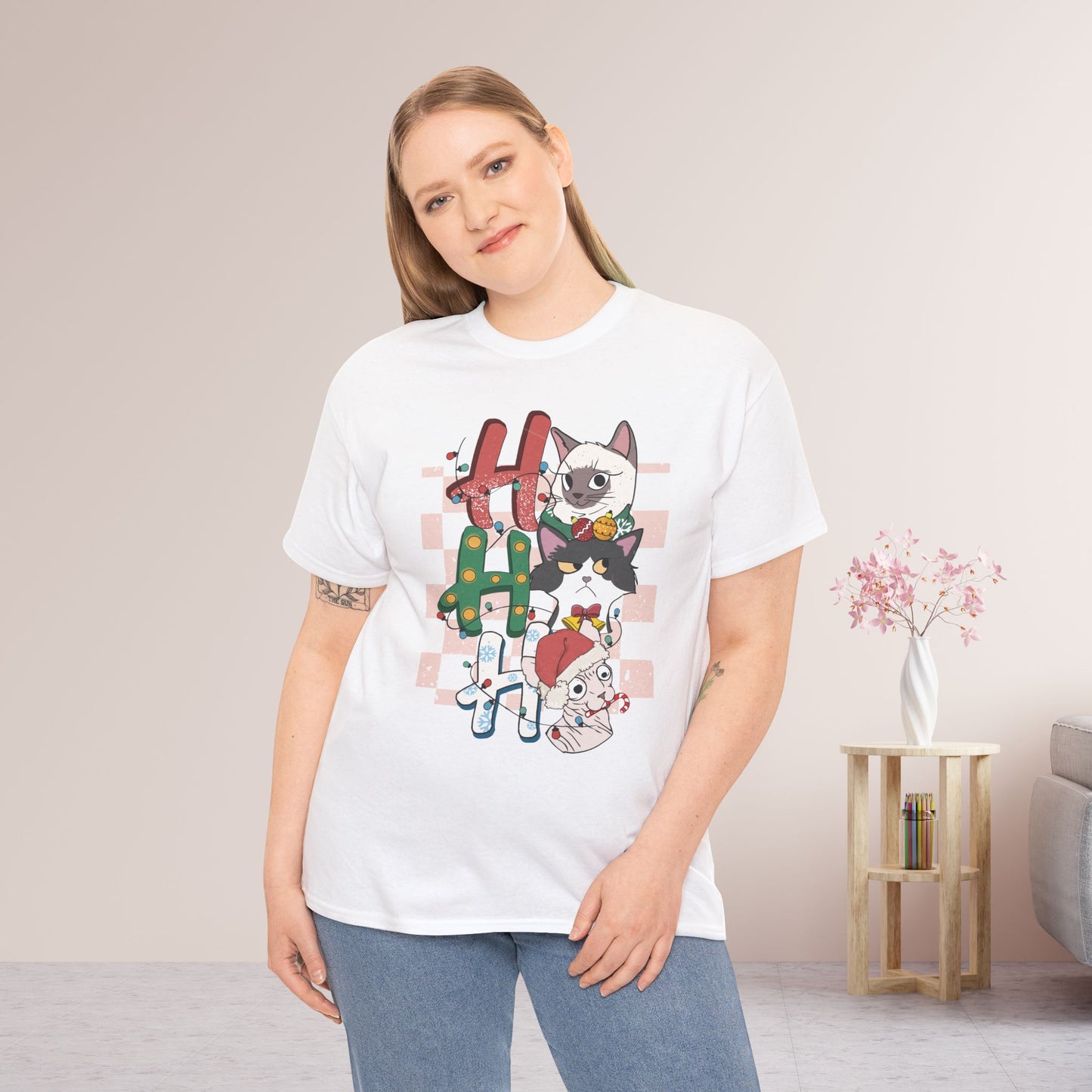 Ho Ho Ho Funny Cat Christmas Heavy Cotton Tee - Cat Lovers Christmas Gift