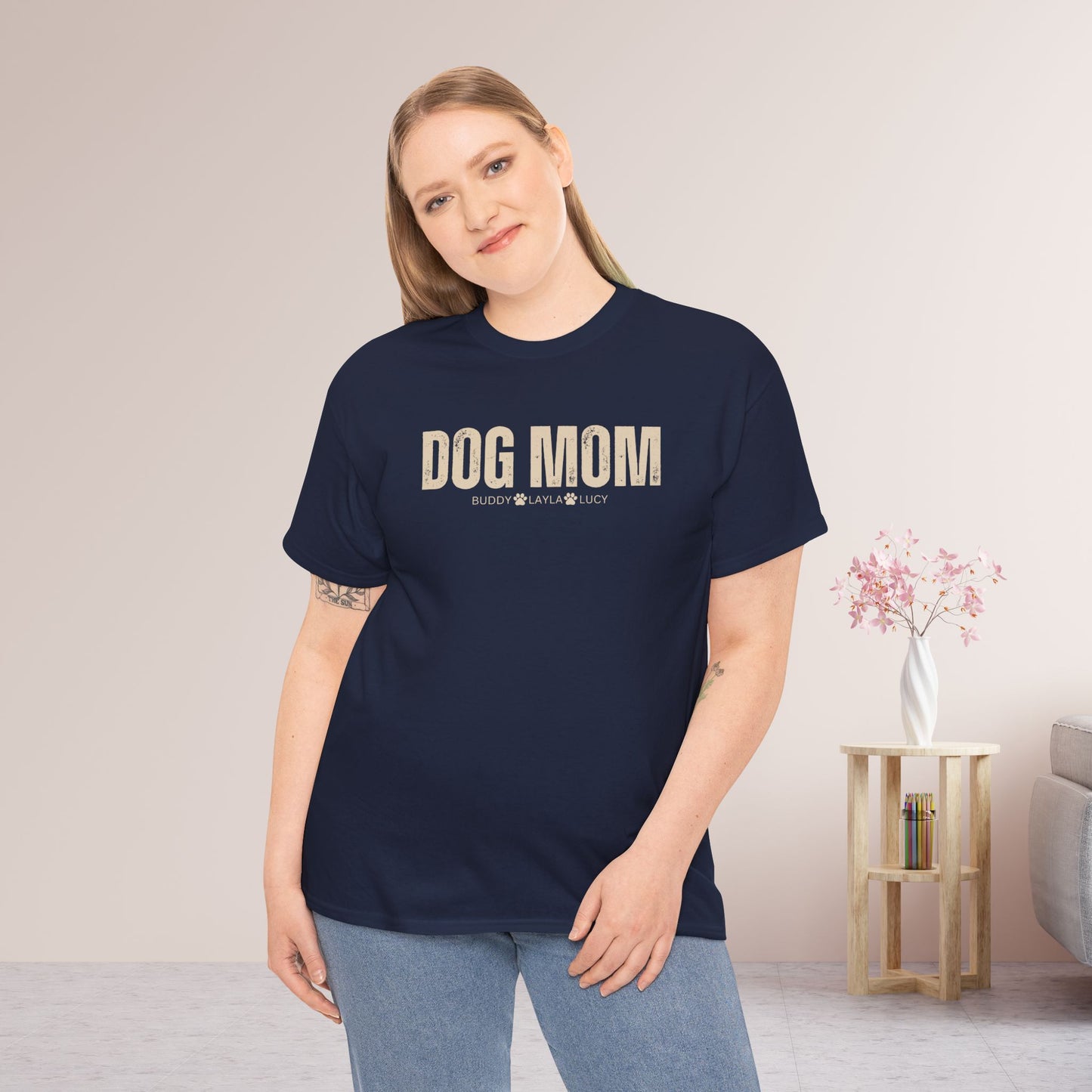 Custom Dog Mom Heavy Cotton Tee with Dogs Name - Personalized Dog Lover Gift