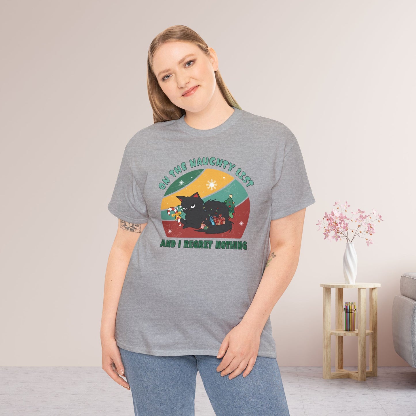 On The Naughty List Funny Cat Christmas Heavy Cotton Tee - Cat Lovers Christmas Gift