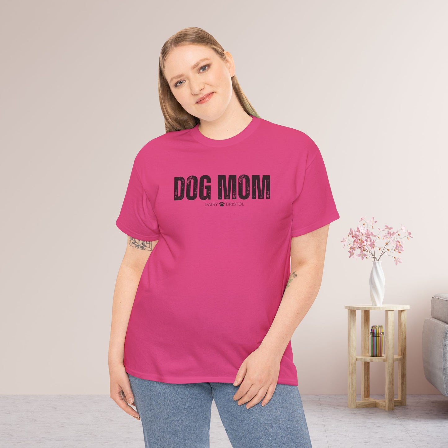 Custom Dog Mom Heavy Cotton Tee with Dogs Name - Personalized Dog Lover Gift