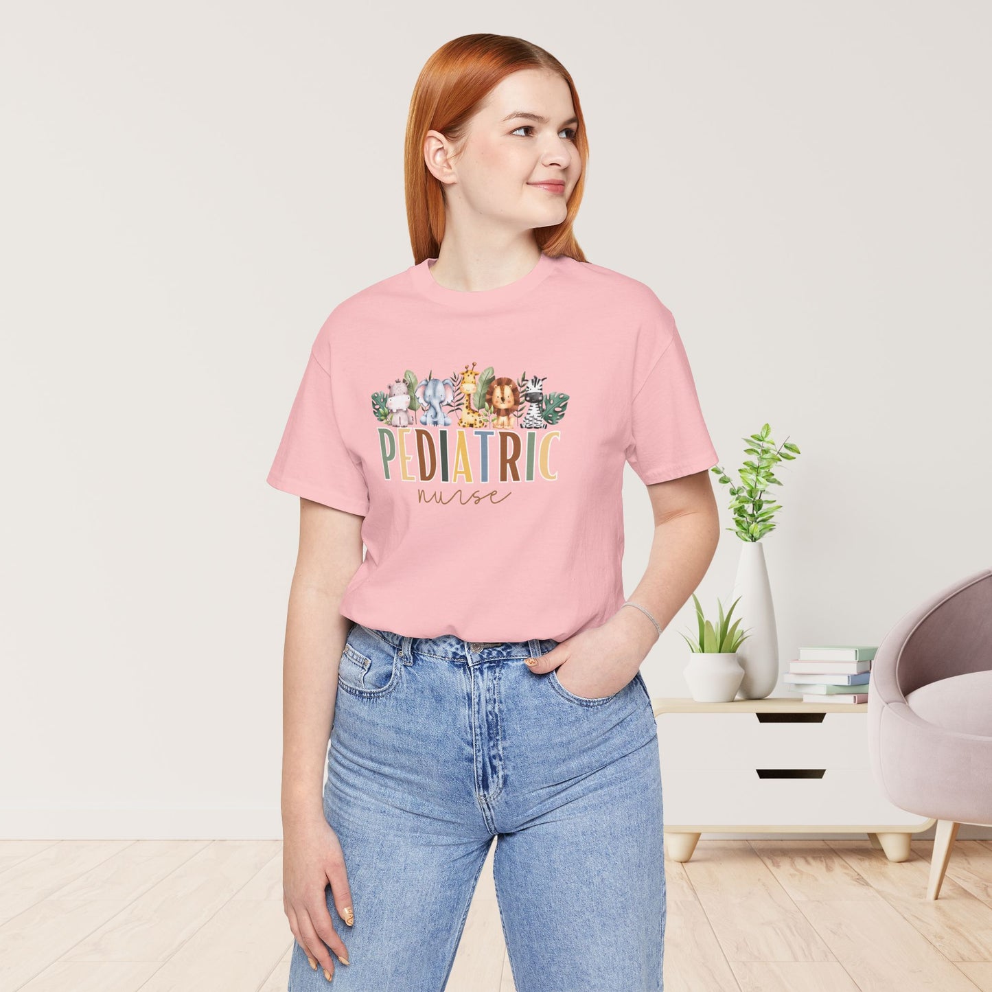 Pediatric Nurse Soft Cotton Tee with Cute Safari Animals for PEDS Nurse