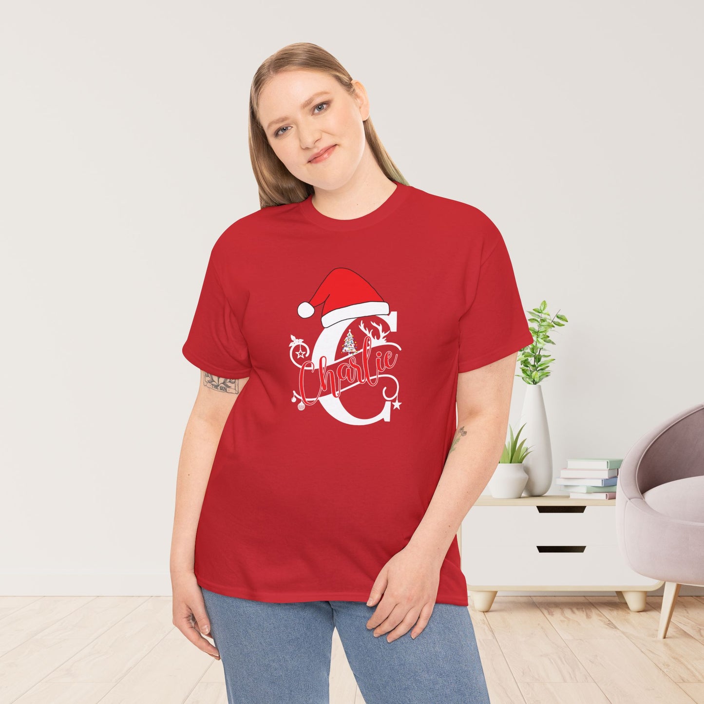 Personalized Christmas Monogram Heavy Cotton Tee with First Name - Custom Christmas Gifts