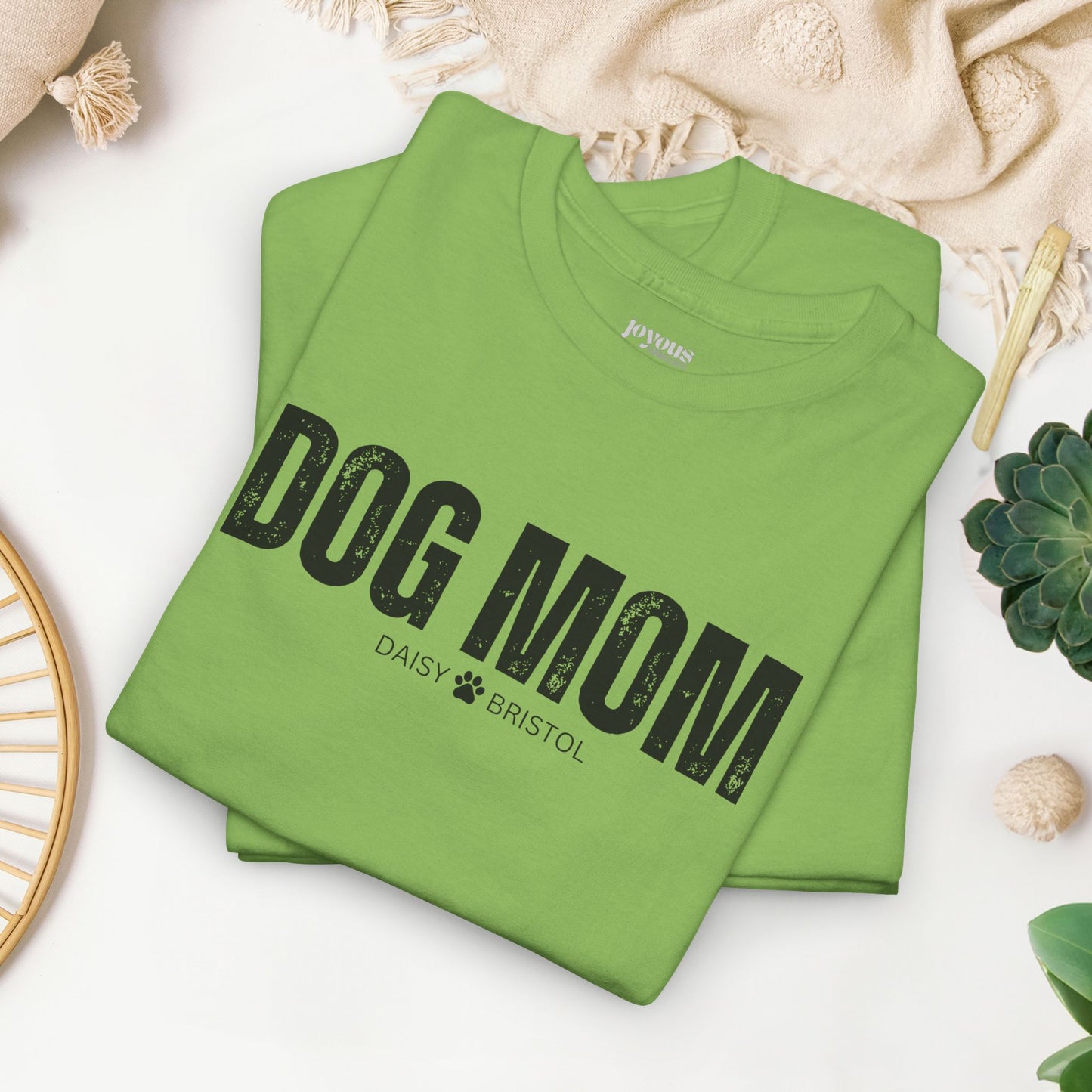 Custom Dog Mom Heavy Cotton Tee with Dogs Name - Personalized Dog Lover Gift