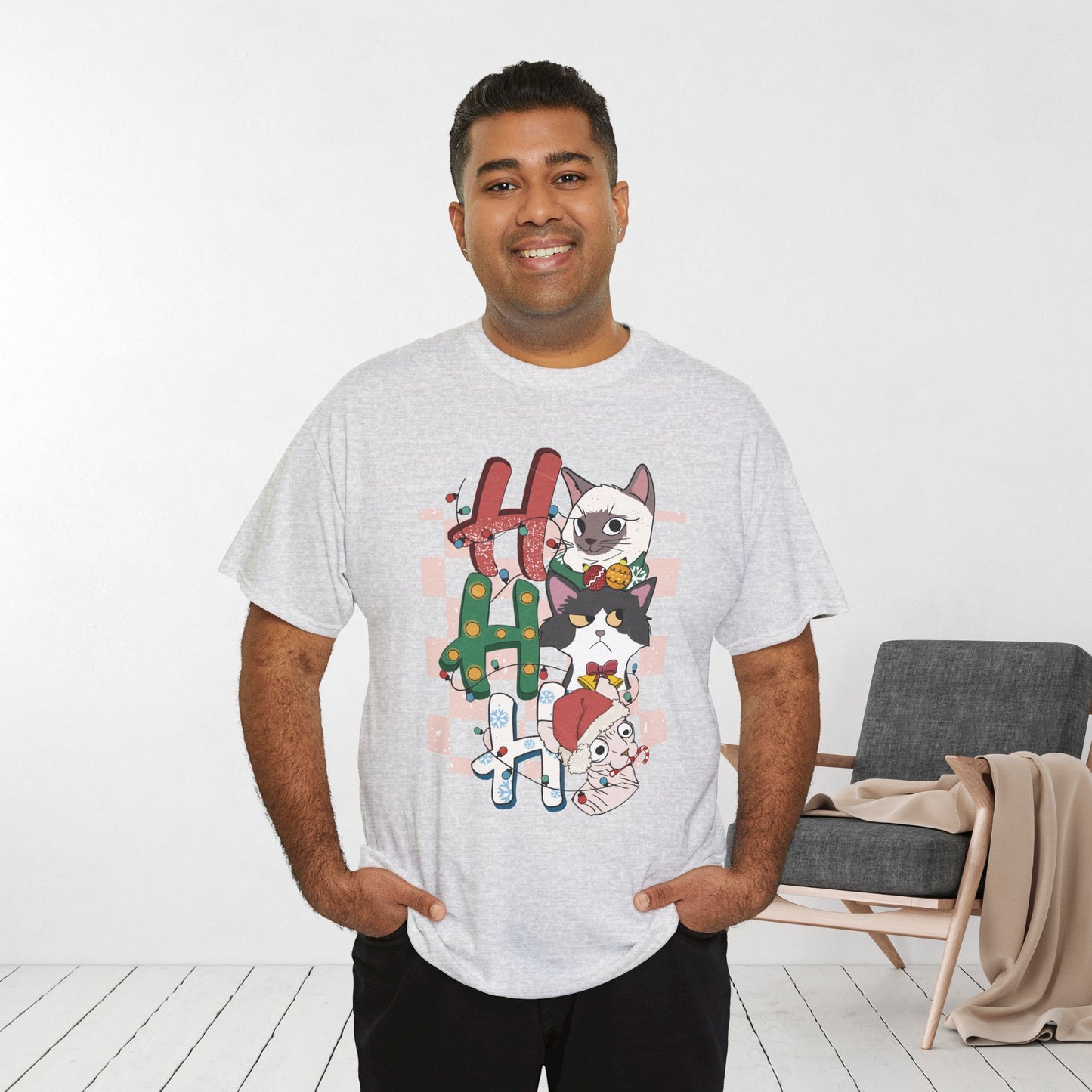 Ho Ho Ho Funny Cat Christmas Heavy Cotton Tee - Cat Lovers Christmas Gift