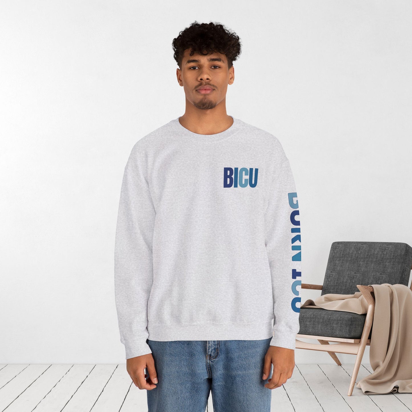 Trendy Blue BICU Sweatshirt with Sleeve Print - Burn ICU Crewneck