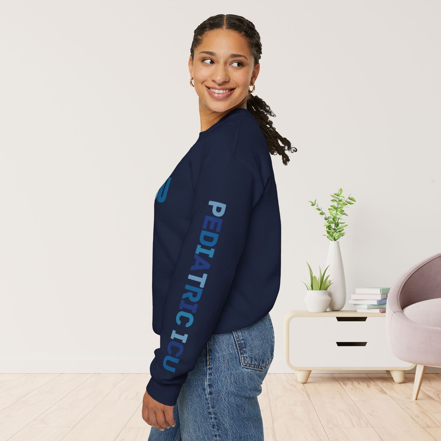 Trendy Blue PICU Sweatshirt with Sleeve Print - Pediatric ICU Crewneck