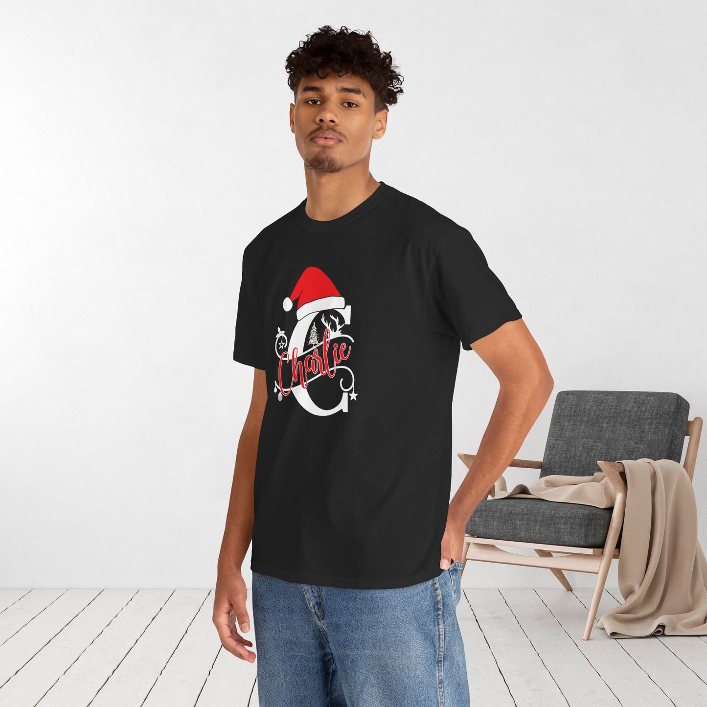Personalized Christmas Monogram Heavy Cotton Tee with First Name - Custom Christmas Gifts