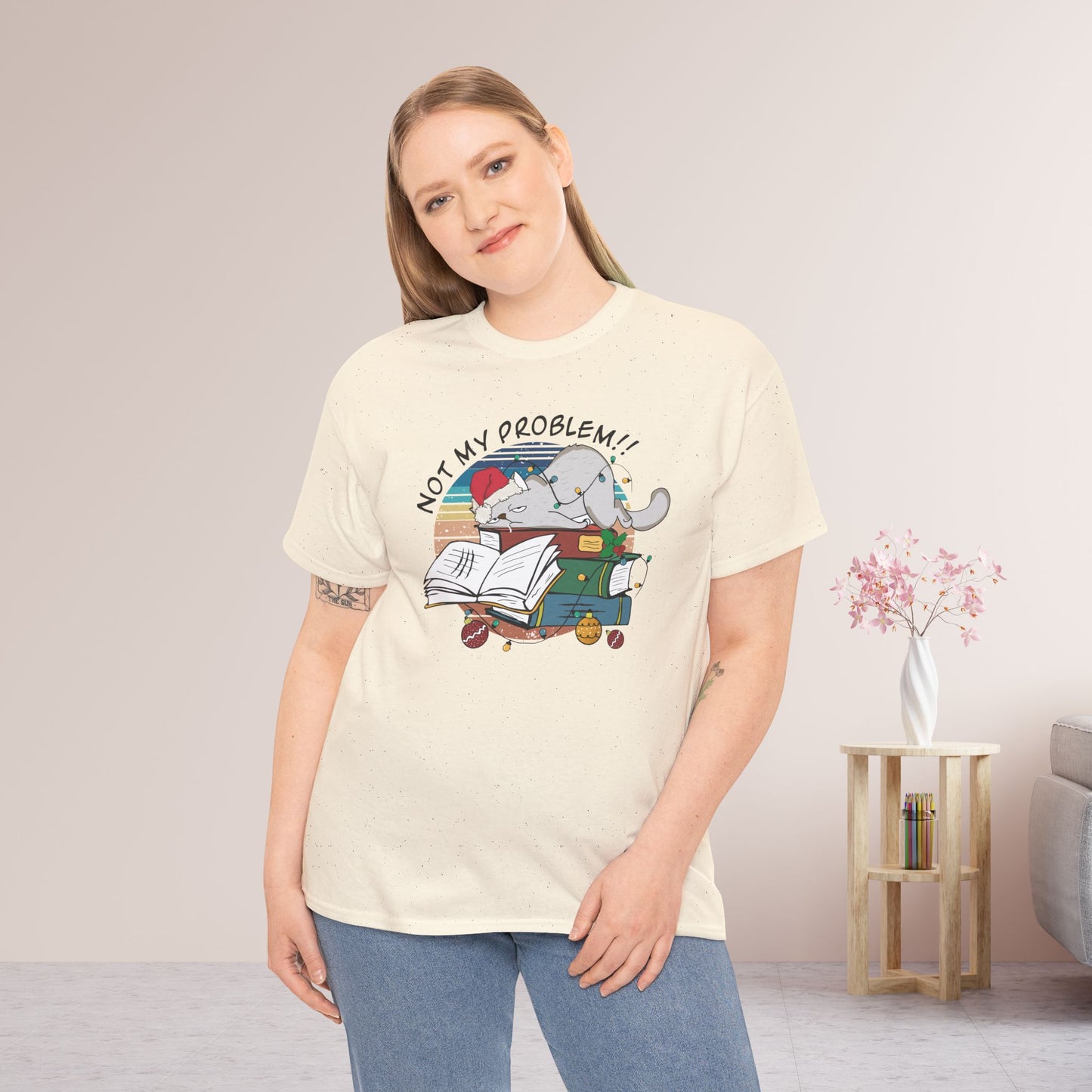 Not My Problem Funny Cat Christmas Heavy Cotton Tee - Cat Lovers Christmas Gift