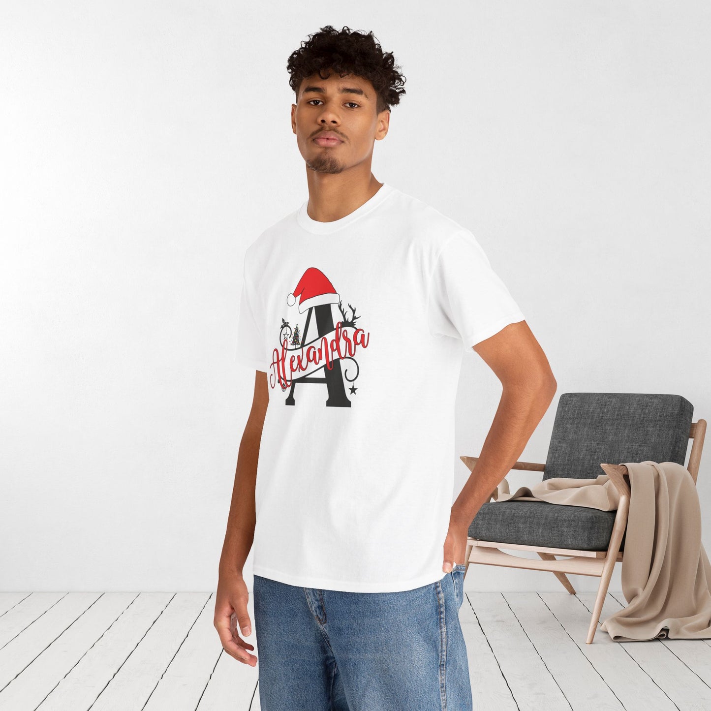 Personalized Christmas Monogram Heavy Cotton Tee with First Name - Custom Christmas Gifts